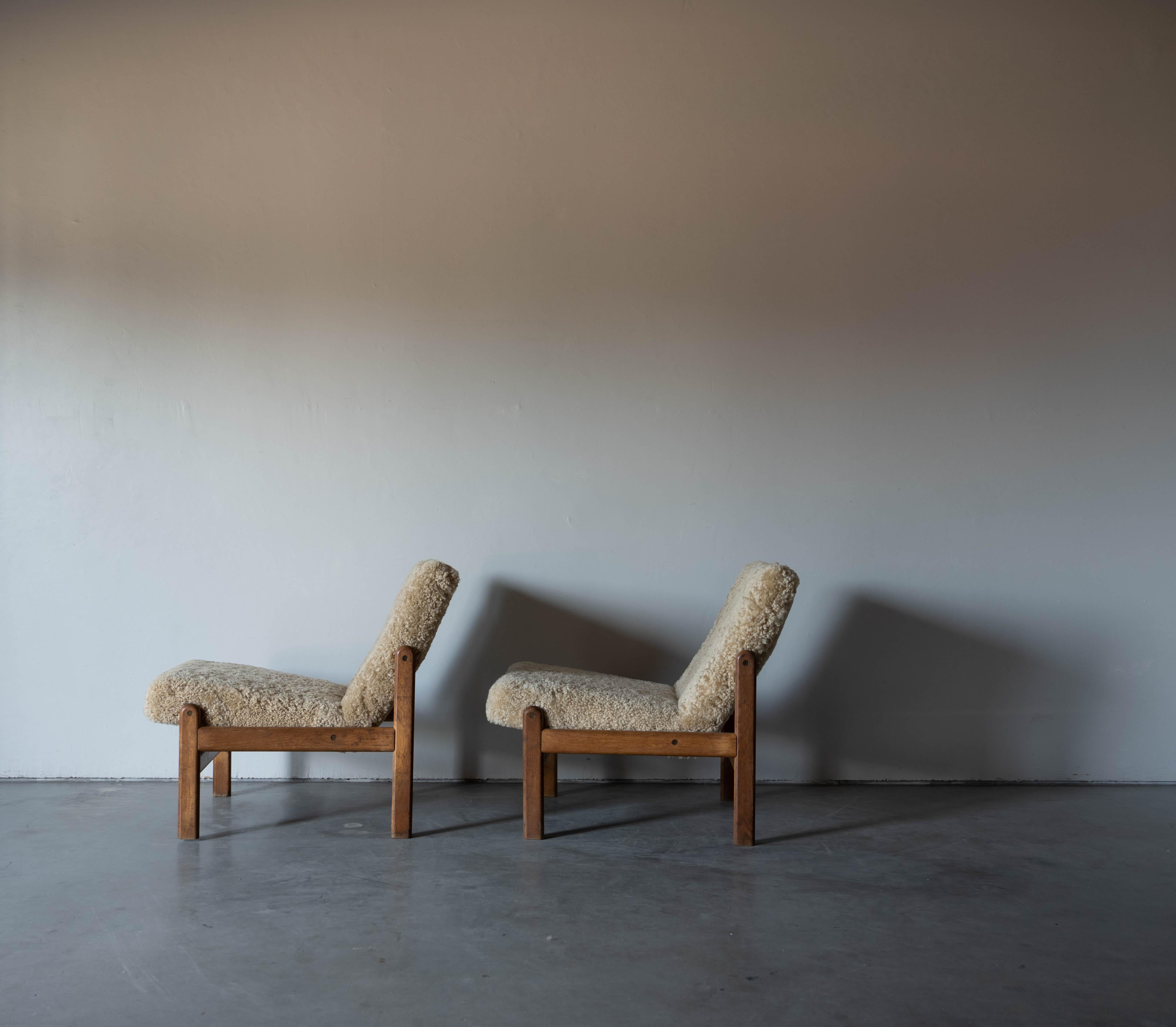 Mid-Century Modern Jørgen Bækmark, Slipper Chairs, Oak, Shearling, FDB Møbler, Denmark, 1960s