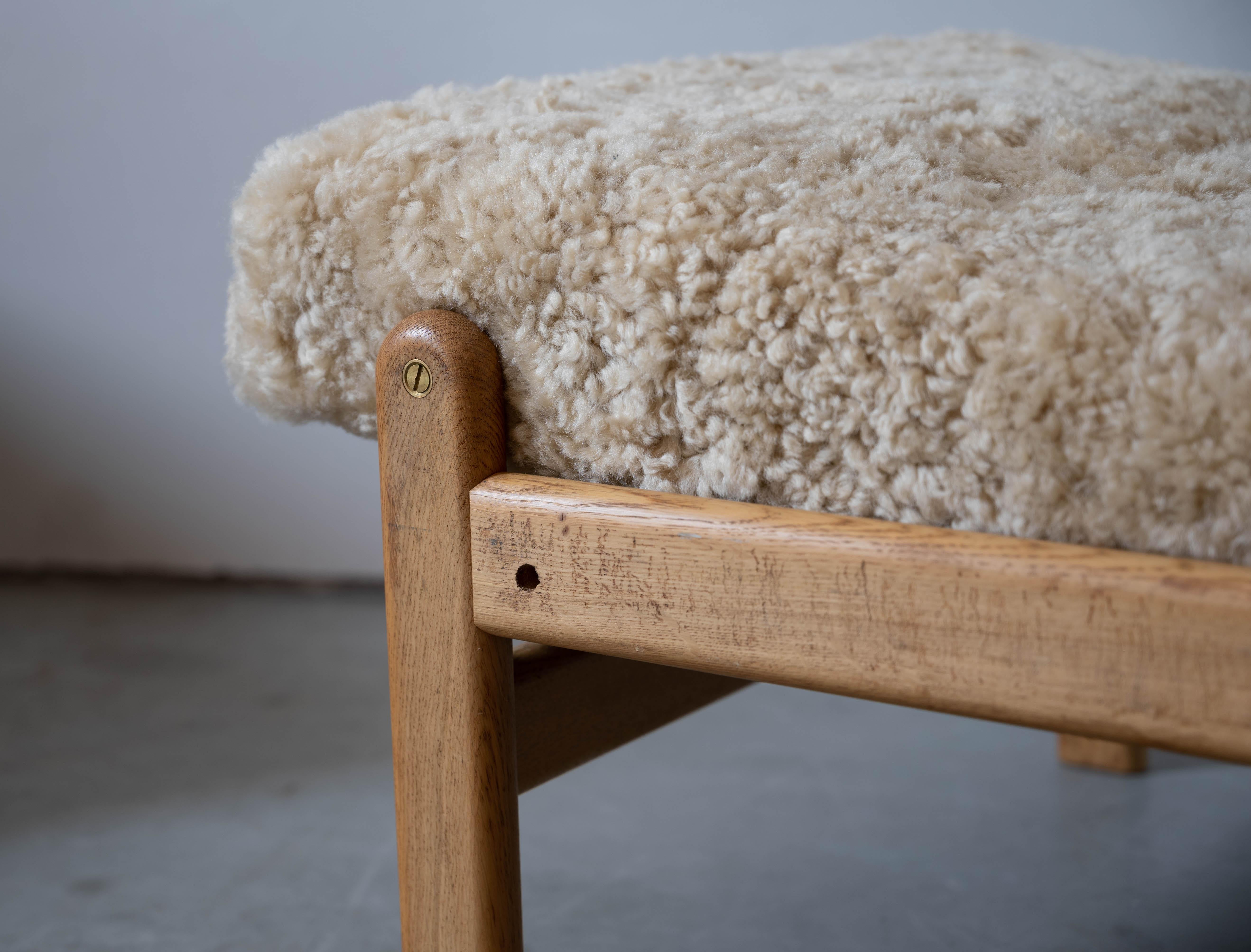 Sheepskin Jørgen Bækmark, Slipper Chairs, Oak, Shearling, FDB Møbler, Denmark, 1960s