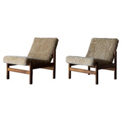 Jørgen Bækmark, Slipper Chairs, Oak, Shearling, FDB Møbler, Denmark, 1960s