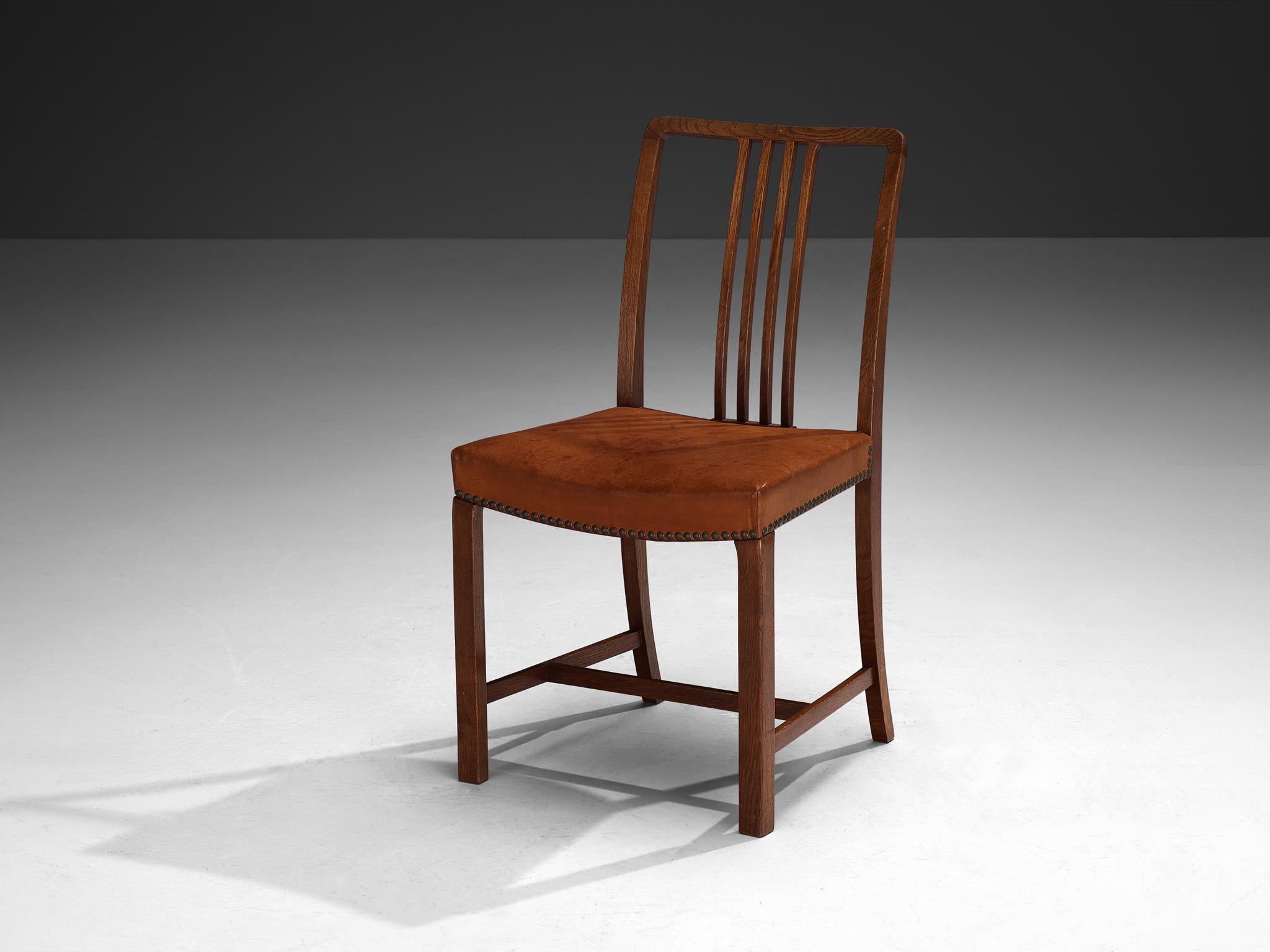 Brass Jørgen Christensens Set of Eight Dining Chairs in Cognac Leather and Oak For Sale