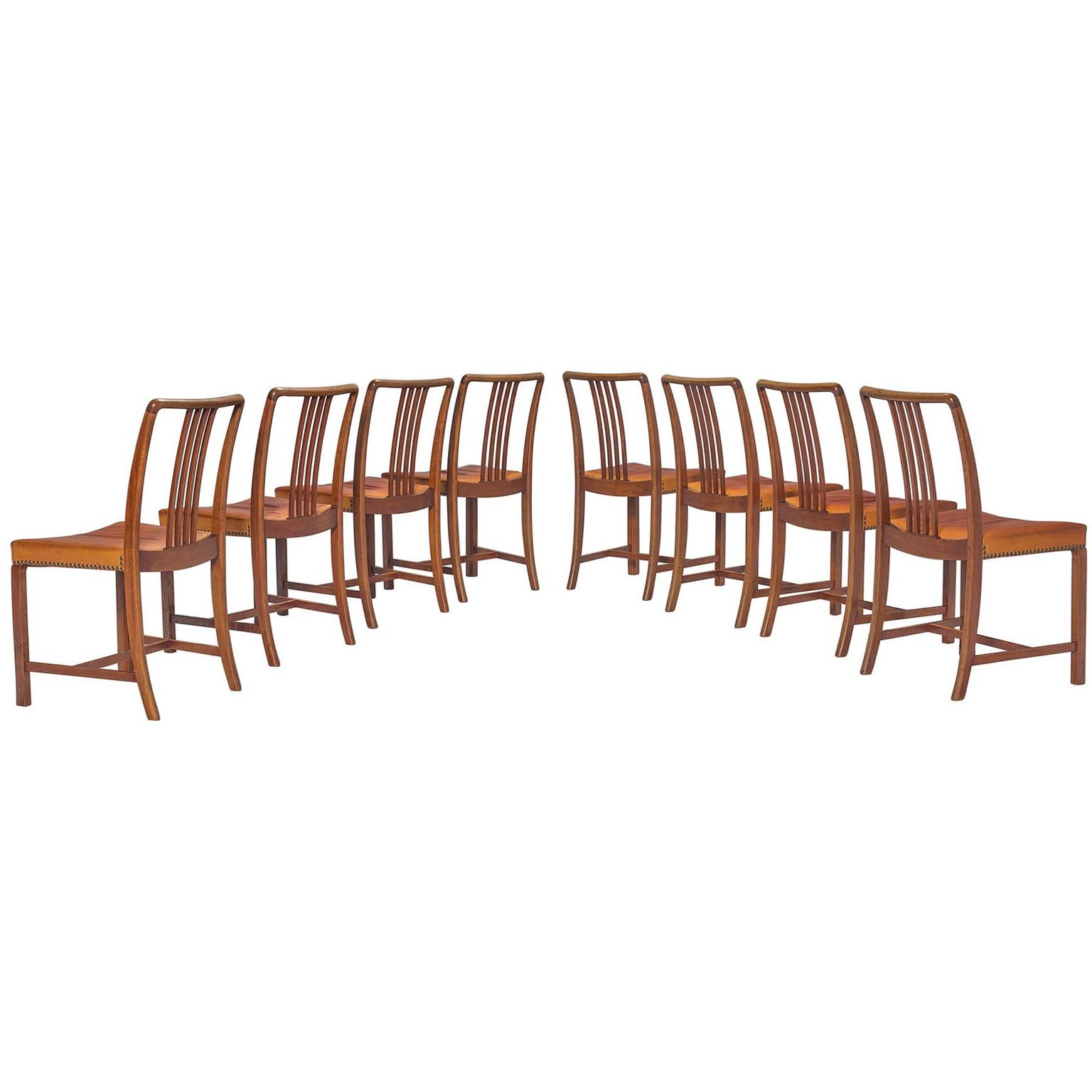 Jørgen Christensens Set of Eight Dining Chairs in Original Cognac Leather