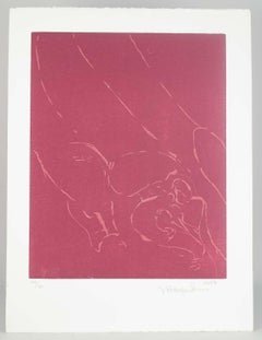 Jørgen Haugen Sørensen. Woodcut. Abstract composition in red tones, 1987