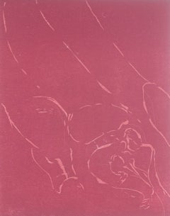 Jørgen Haugen Sørensen. Woodcut. Abstract composition in red tones, 1987