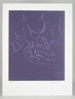 Jørgen Haugen Sørensen. Woodcut on paper. Abstract composition in violet tones.