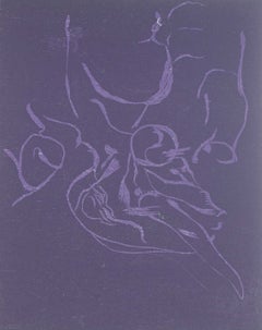 Jørgen Haugen Sørensen. Woodcut on paper. Abstract composition in violet tones.
