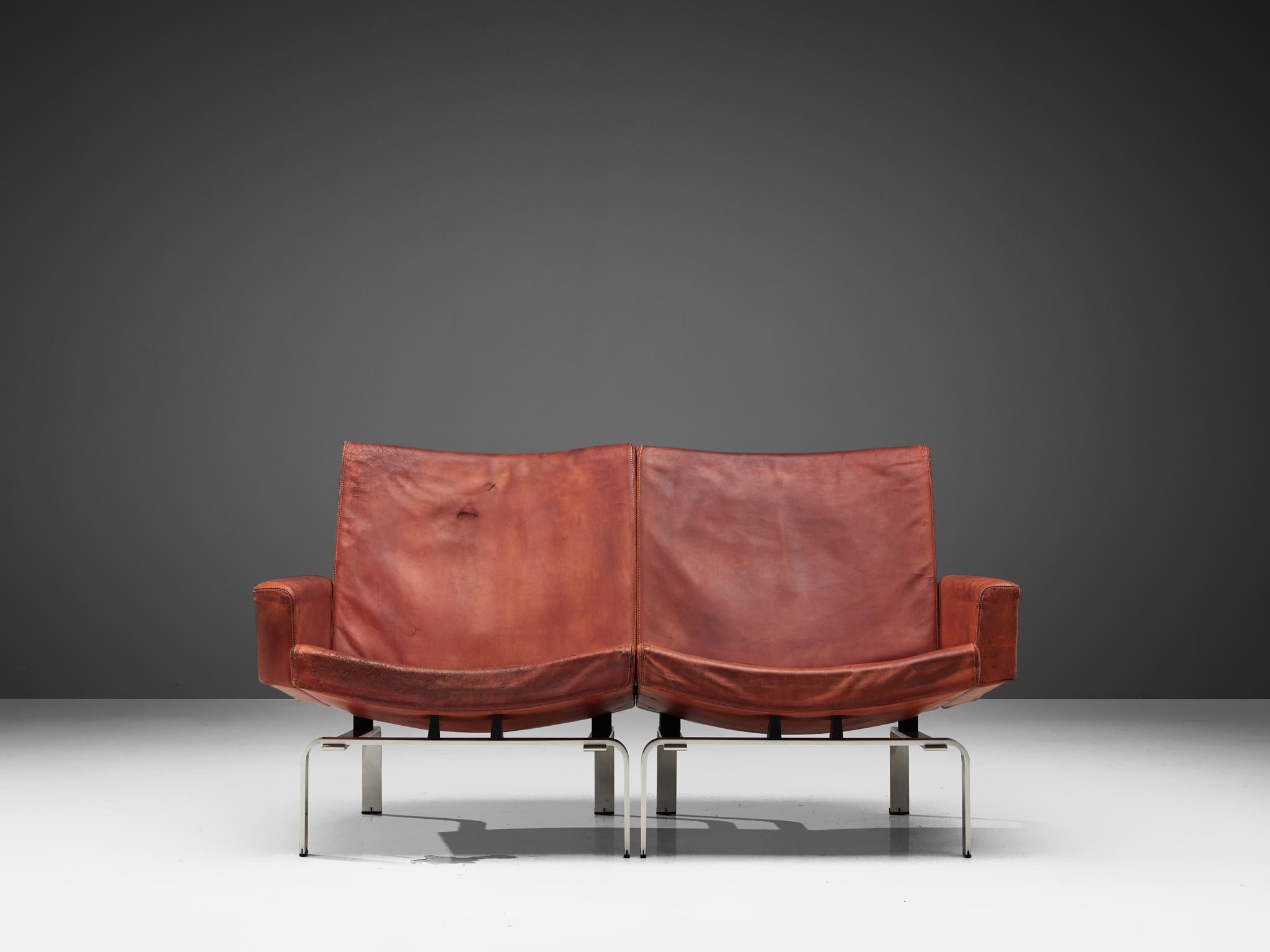 Jorgen Hoj Niels Vitsoøe Sofa '202' in Red Leather and Steel In Fair Condition In Waalwijk, NL