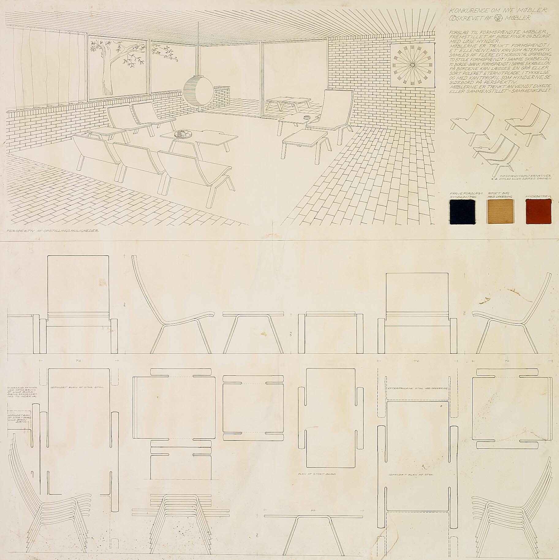Danish Jørgen Høvelskov: Competition entries, two boards of sketches of furniture 1966 For Sale