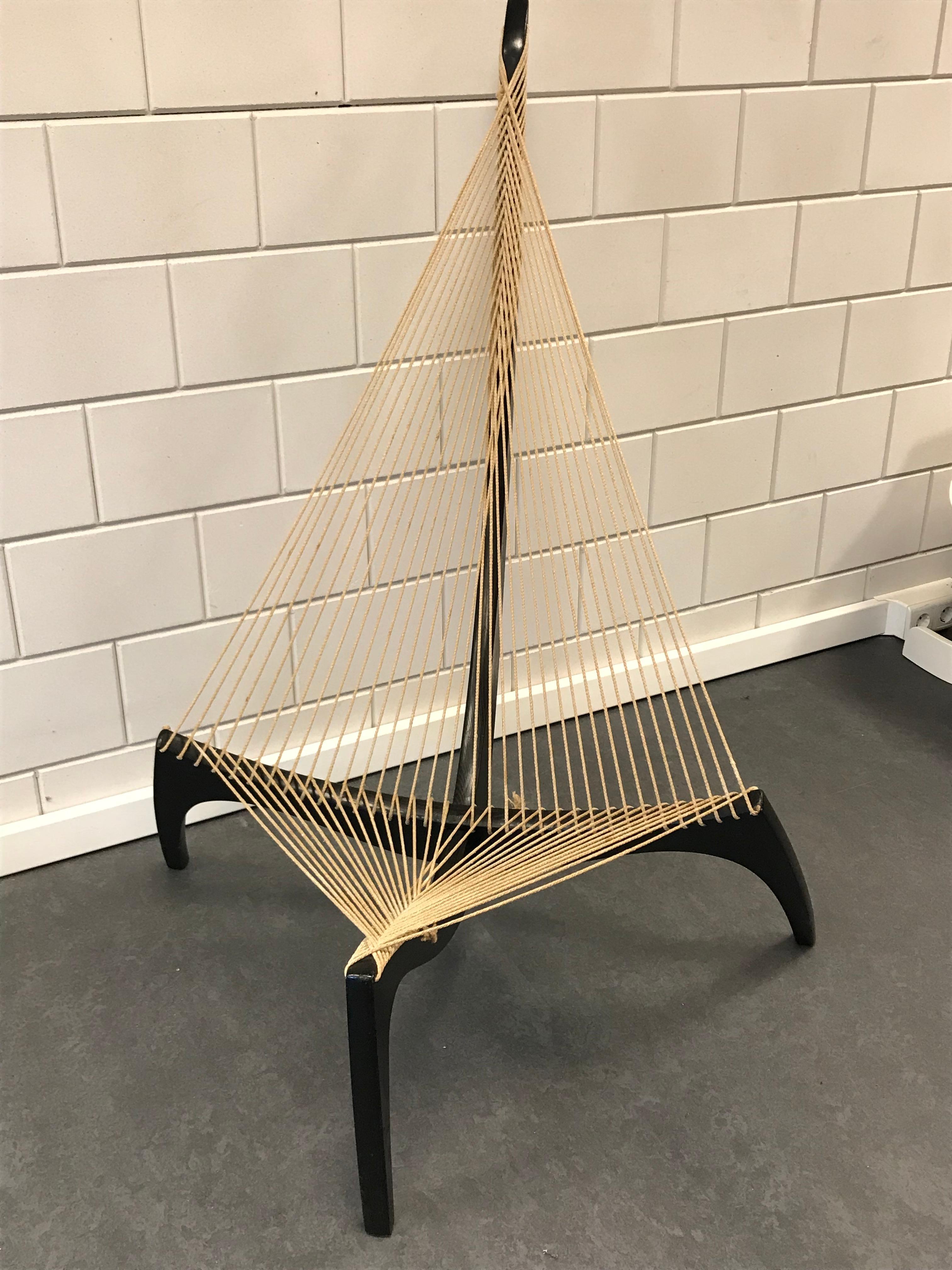 Very nice old Harp chair design 1968 by Jørgen Høvelskov.
Wooden frame with black finish and rope sitting
Good condition with a lot of character.
 