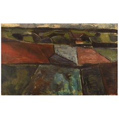 Jørgen Jakobsen Danish Painter Modernist Landscape with Fields Oil on Canvas
