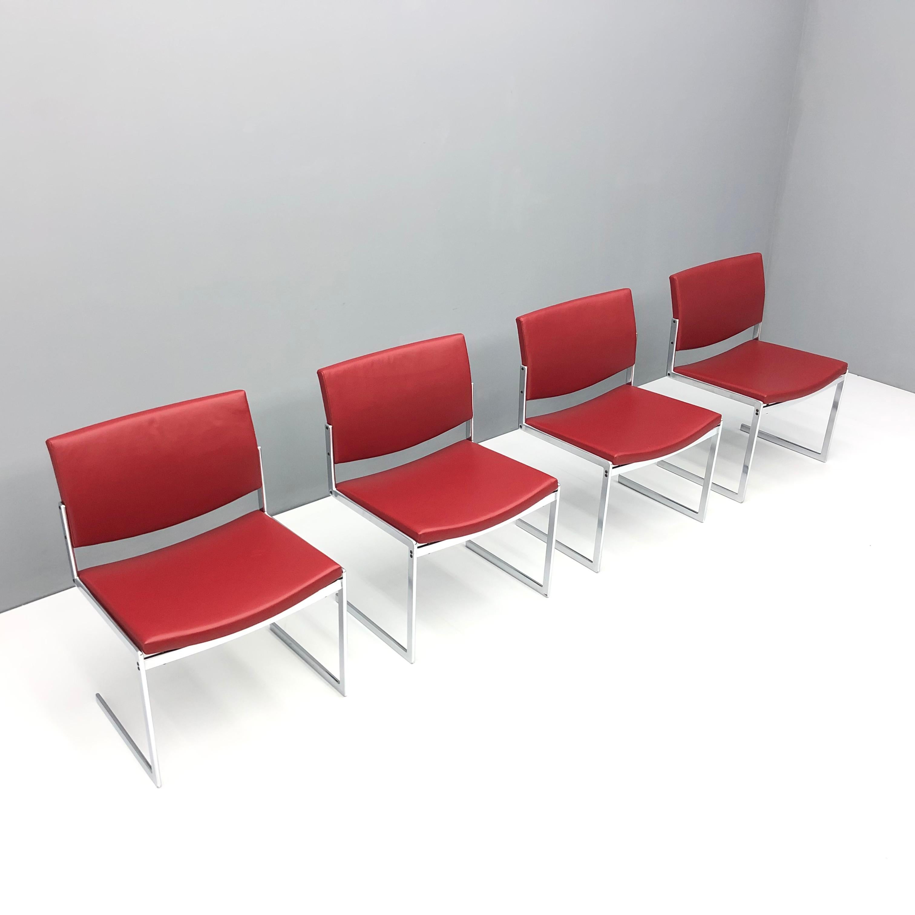 Rare set of four Jørgen Kastholm JK 770 chairs, Kill International 1970. Only a few month in production. Polished steel and red new leather. Very comfortable. 
H 80.5 cm, SH 43.5 cm, W 57.5 cm, D 50 cm.
Very good condition!

Worldwide