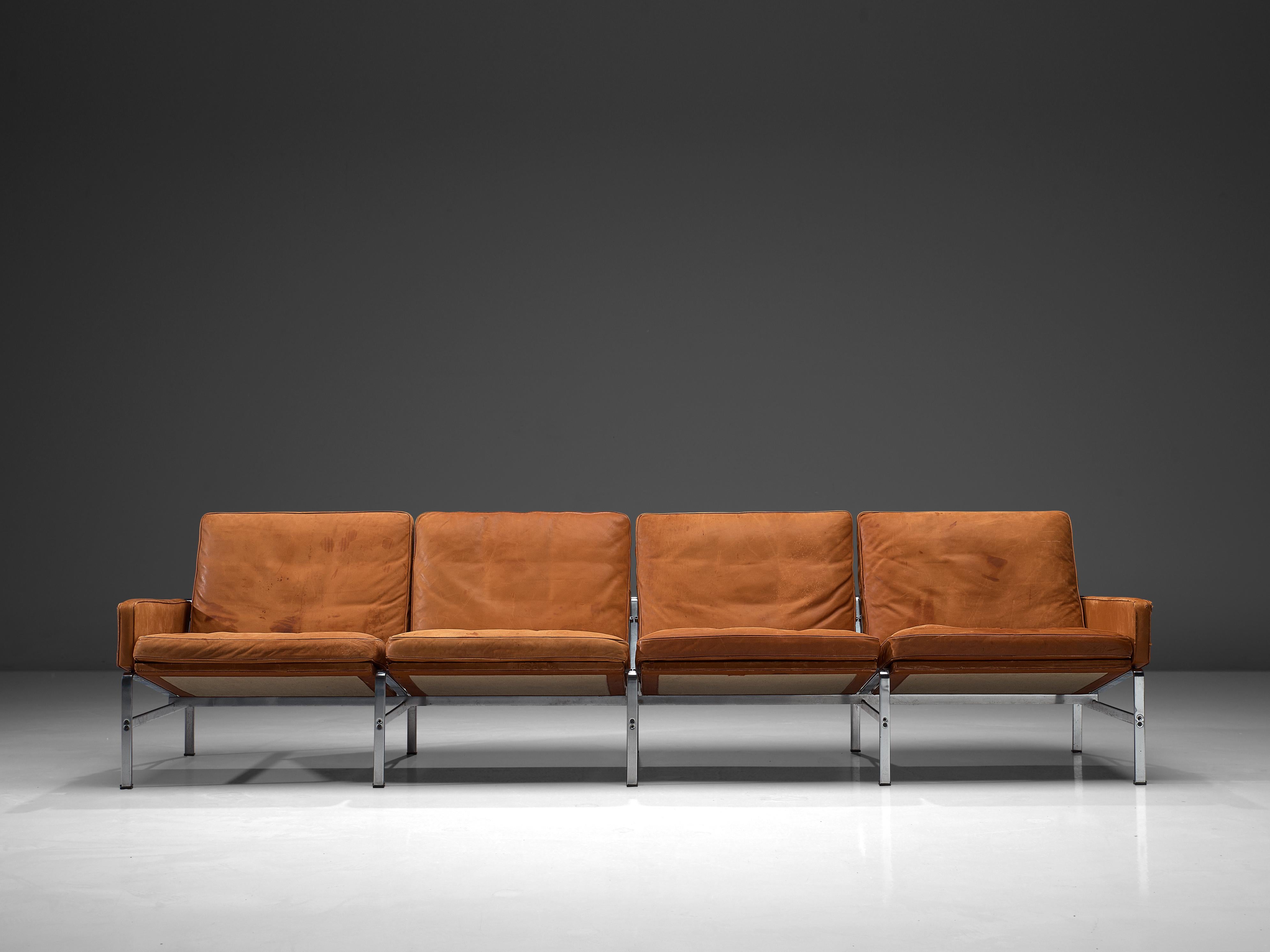 Danish Jørgen Kastholm & Preben Fabricius Cognac Leather Sofa with Steel Frame