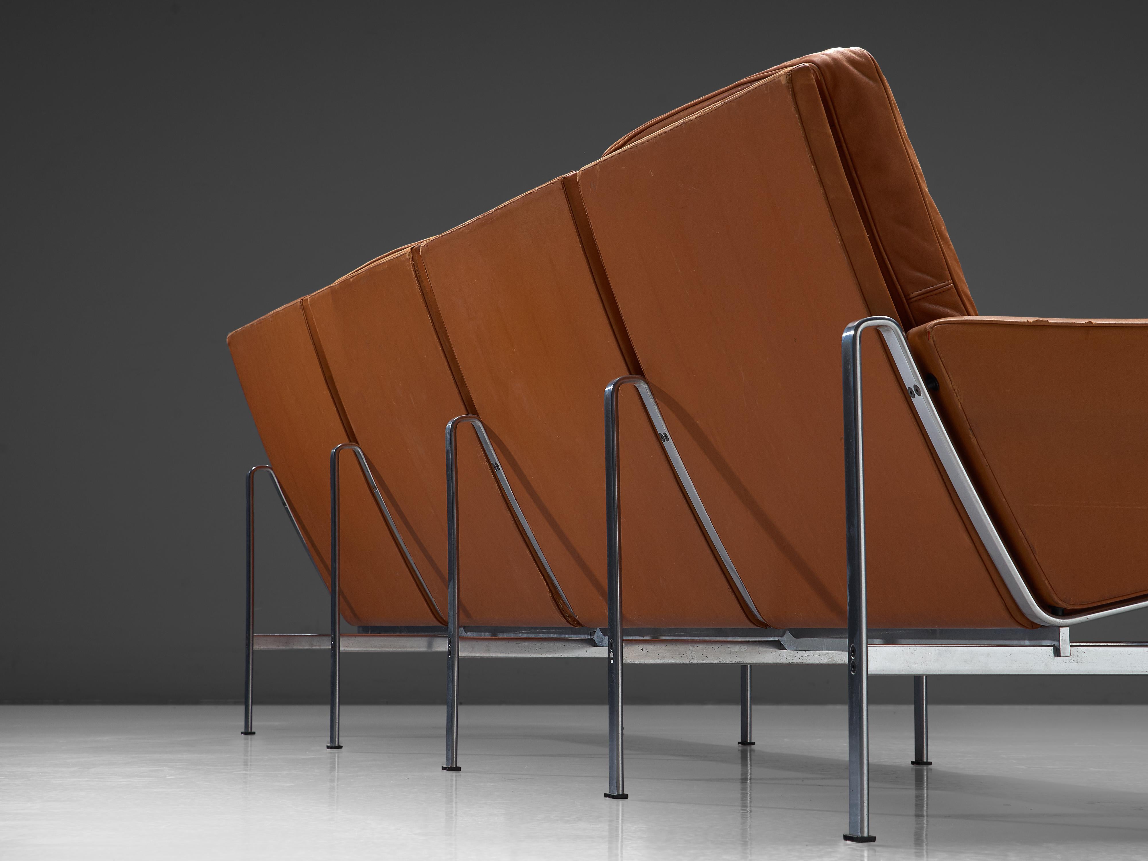 Brushed Jørgen Kastholm & Preben Fabricius Cognac Leather Sofa with Steel Frame