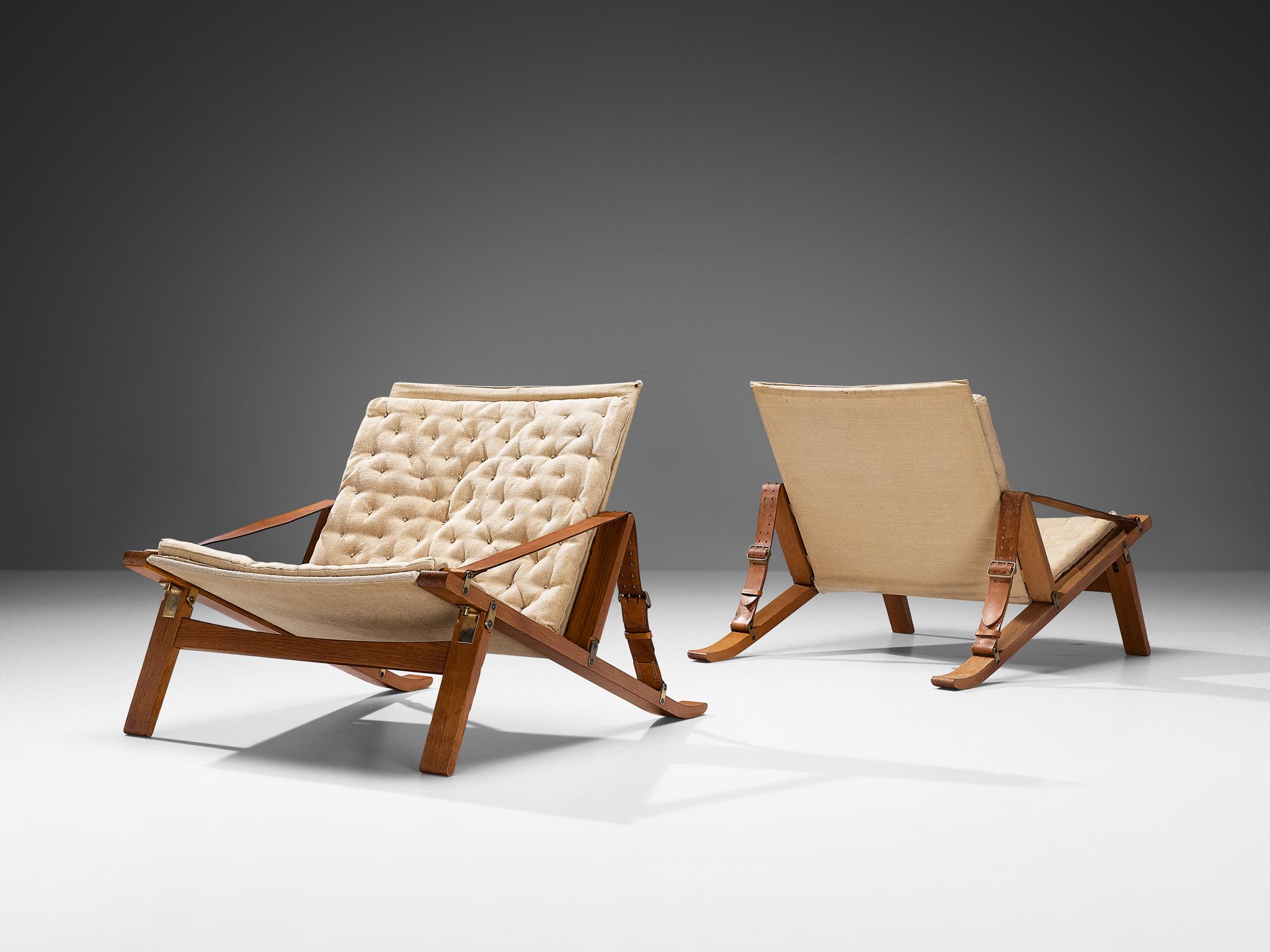 Jørgen Kastholm & Preben Fabricius for Poul Bachmann, pair of folding lounge chairs, model ‘PB10’, oak, leather, canvas, brass, steel, rope, Denmark, 1963. 

Crafted in 1963 by the skilled cabinetmaker Poul Bachmann, this folding easy chair bears