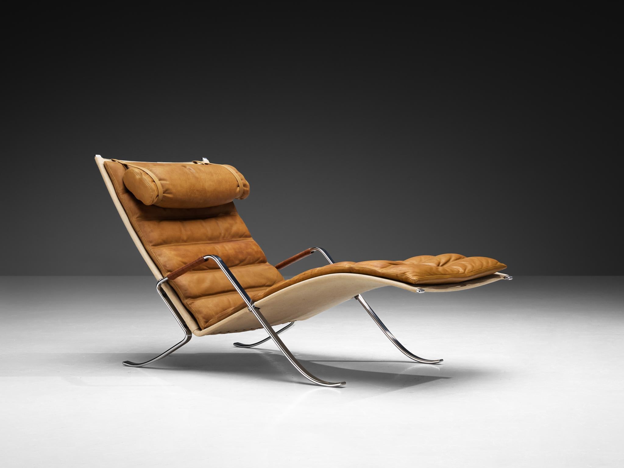Jørgen Kastholm & Preben Fabricius for Kill International, 'Grasshopper' lounge chair, model FK87, leather, canvas, chrome-plated steel, Germany, 1965.

The FK87 'Grasshopper' chaise longue is an iconic example of mid-century modern design, created