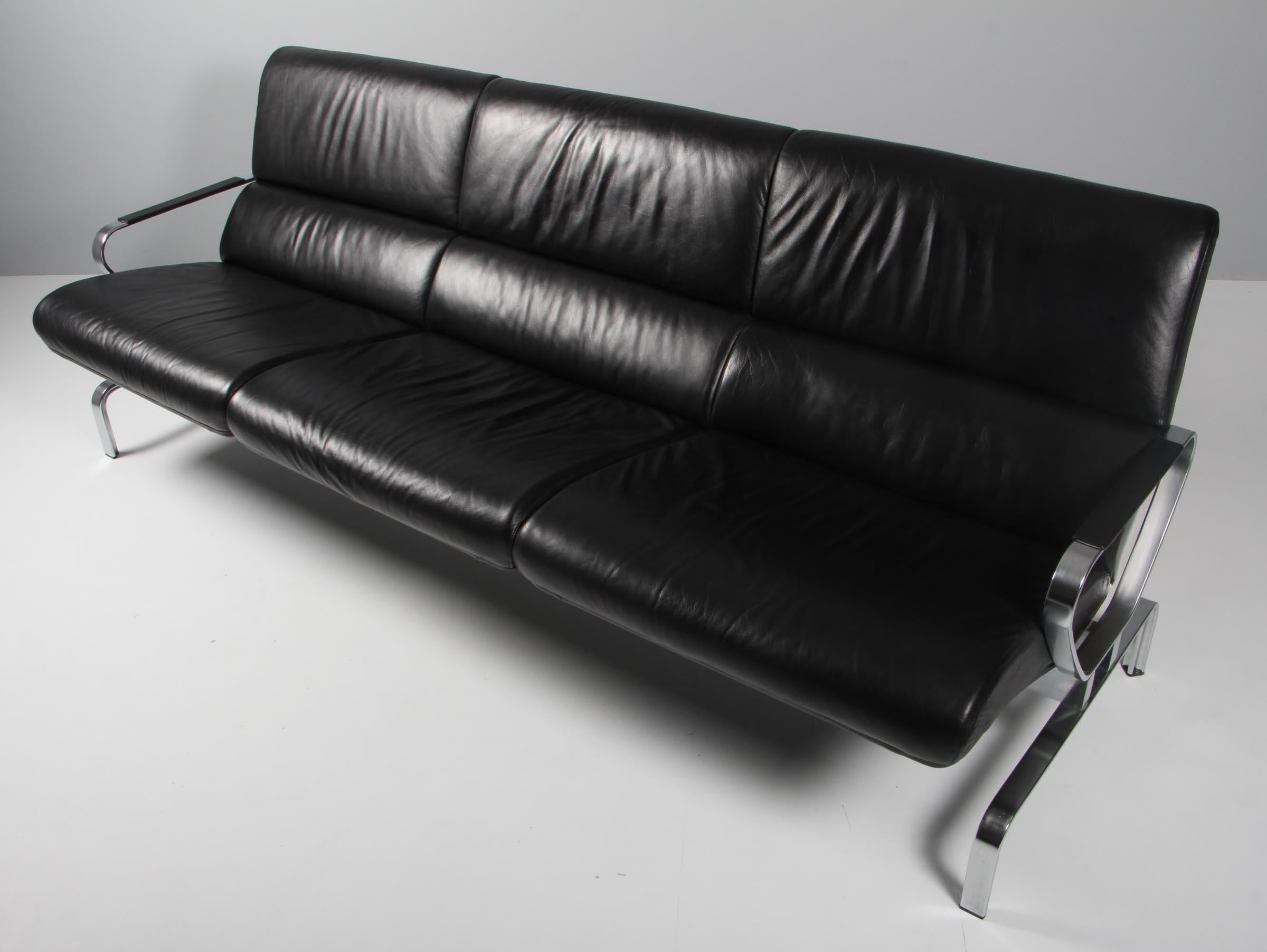 Jørgen Kastholm three seat sofa of black leather and steel, Denmark. In Good Condition In Esbjerg, DK