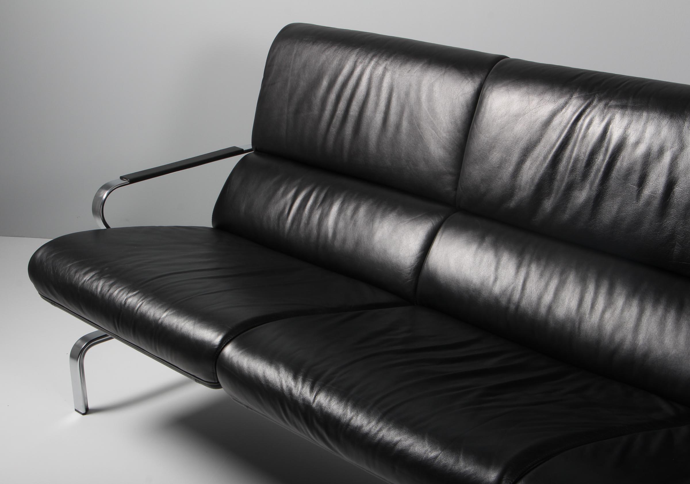 Jørgen Kastholm three seat sofa of black leather and steel, Denmark. 2