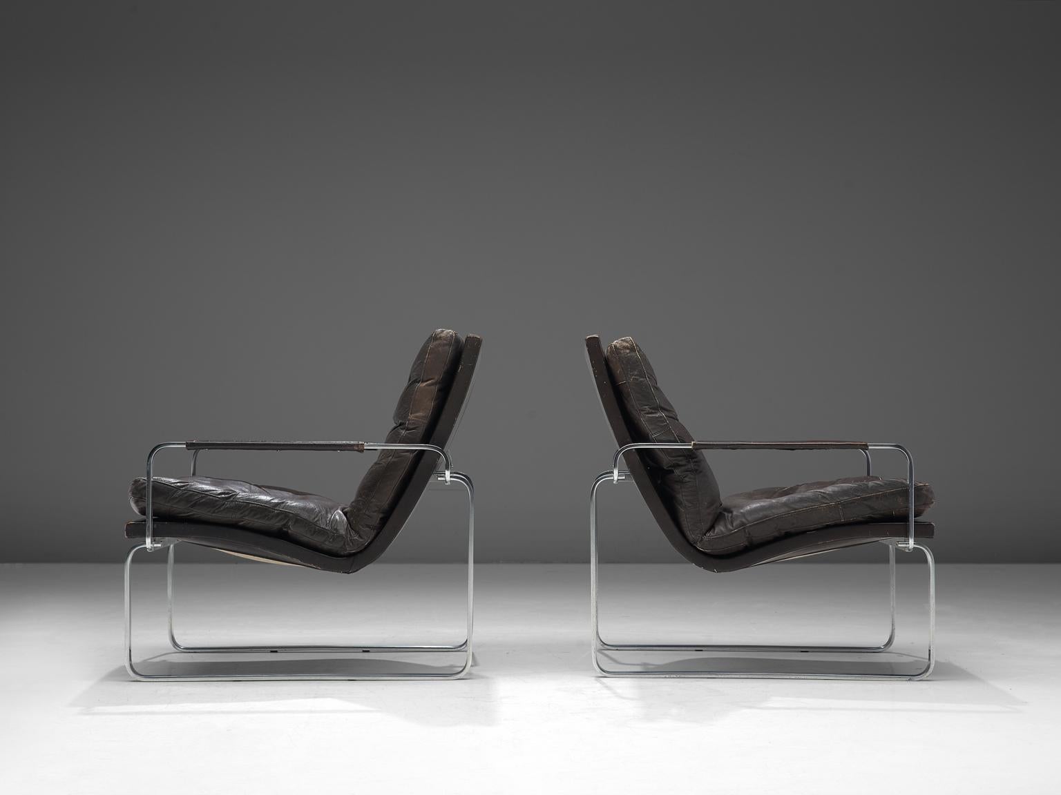 Mid-20th Century Jørgen Lund & Ole Larsen Pair of Easy Chairs in Dark Brown Leather