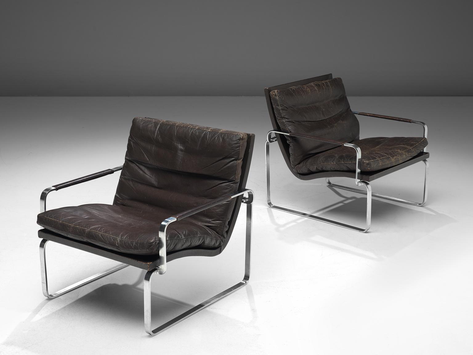 Jørgen Lund & Ole Larsen Pair of Easy Chairs in Dark Brown Leather In Good Condition In Waalwijk, NL