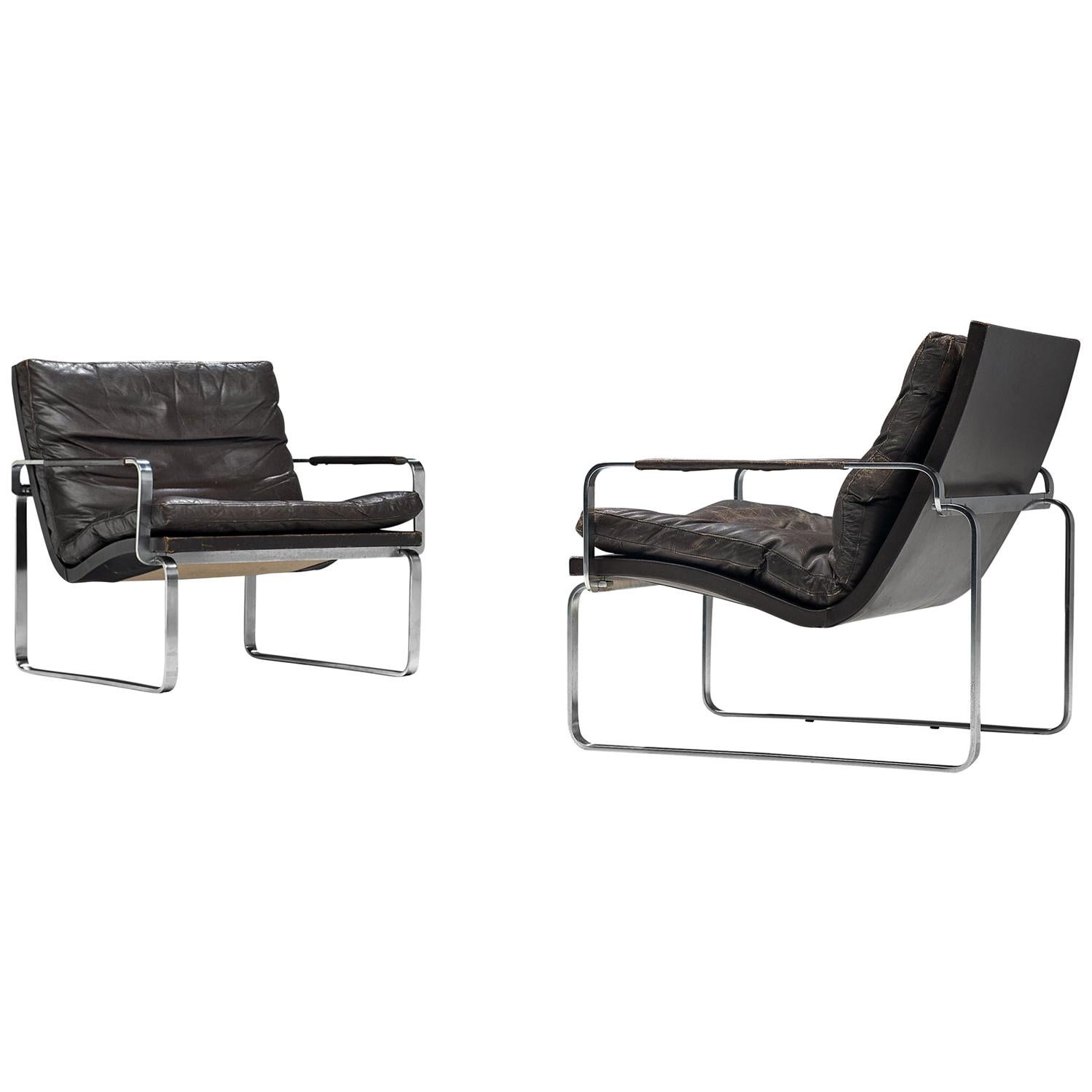 Jørgen Lund & Ole Larsen Pair of Easy Chairs in Dark Brown Leather
