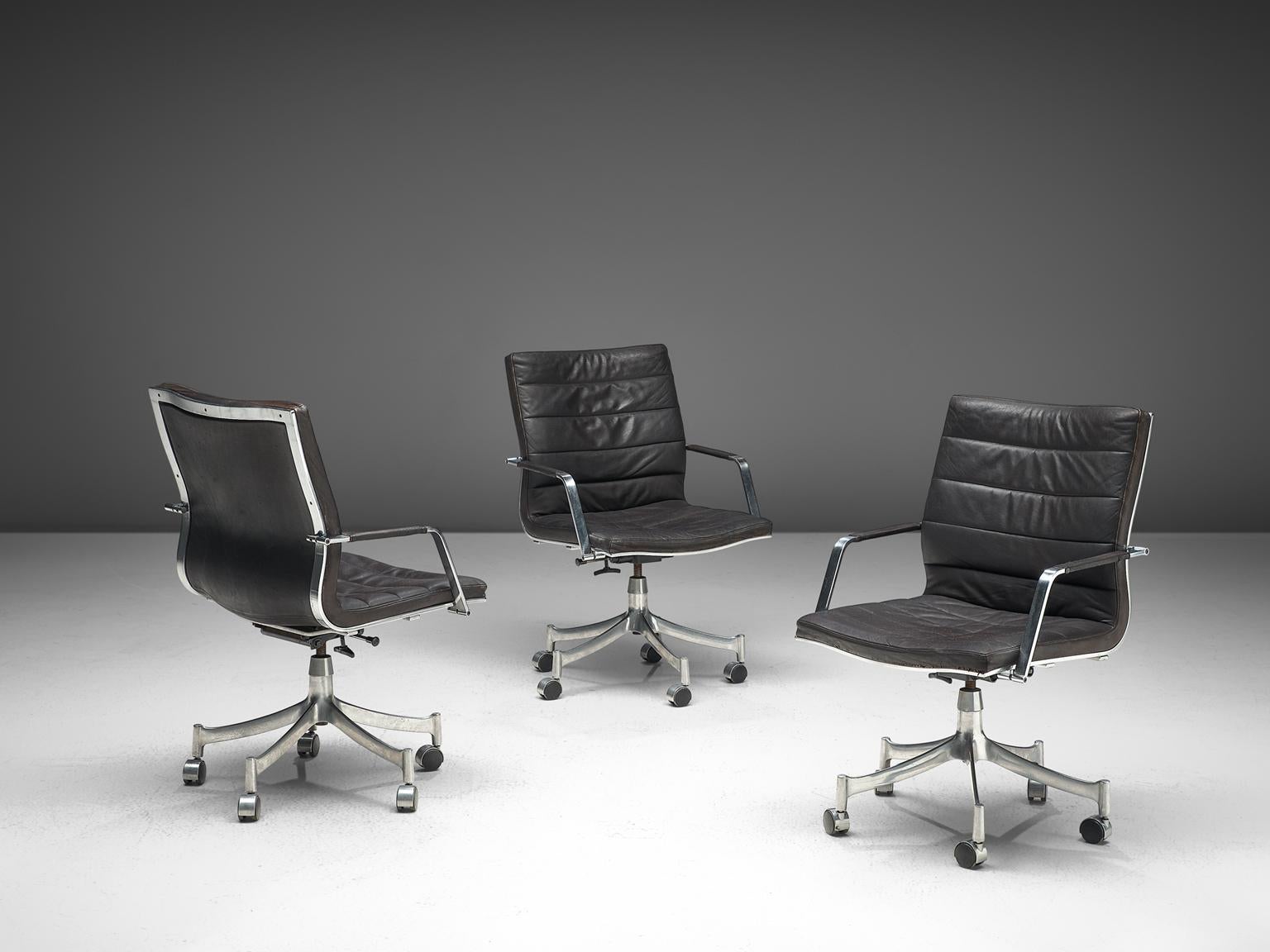 Scandinavian Modern Jørgen Lund & Ole Larsen Set of Three Office Chairs in Dark Brown Leather