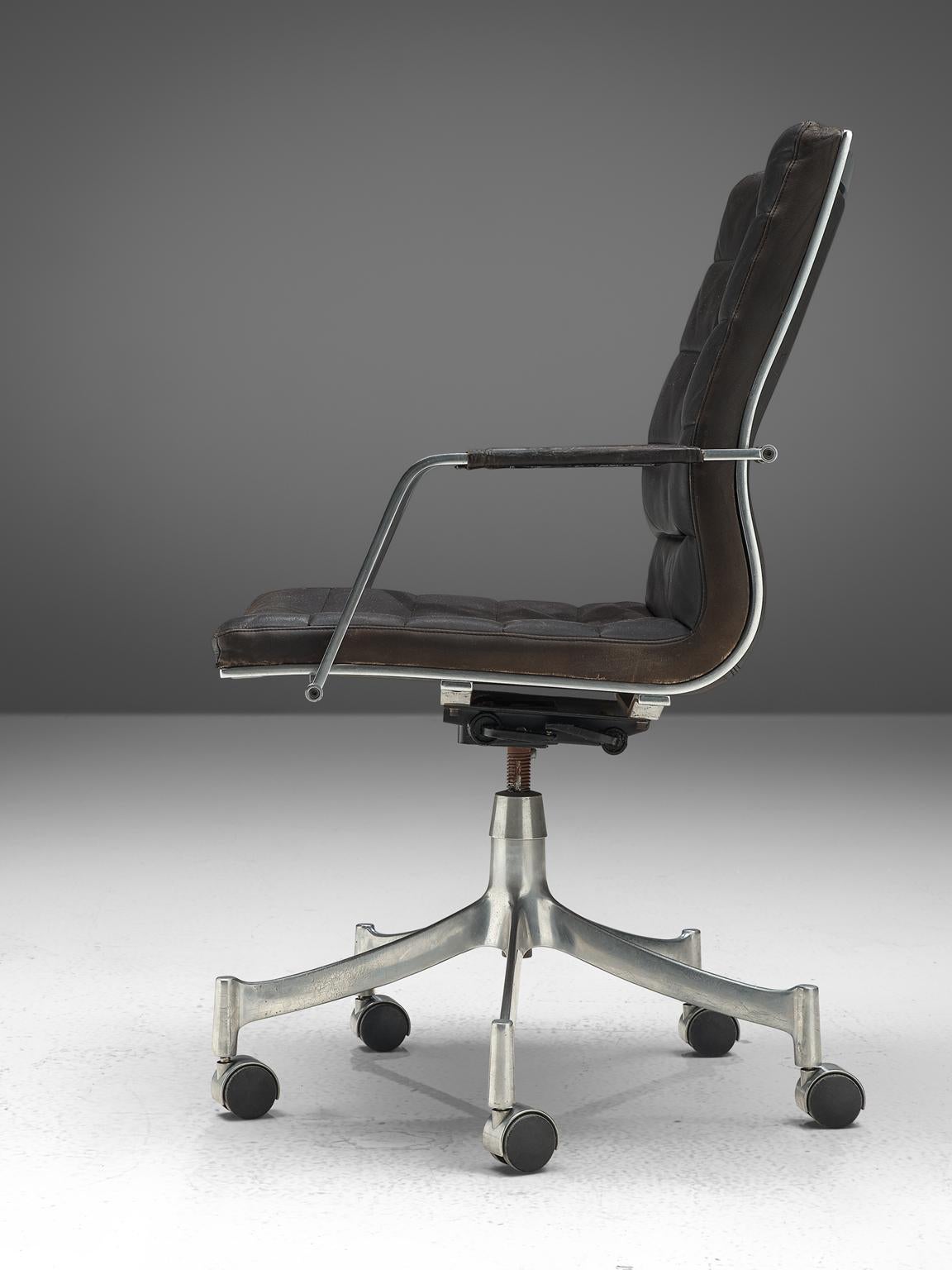 Jørgen Lund & Ole Larsen Set of Three Office Chairs in Dark Brown Leather In Good Condition In Waalwijk, NL