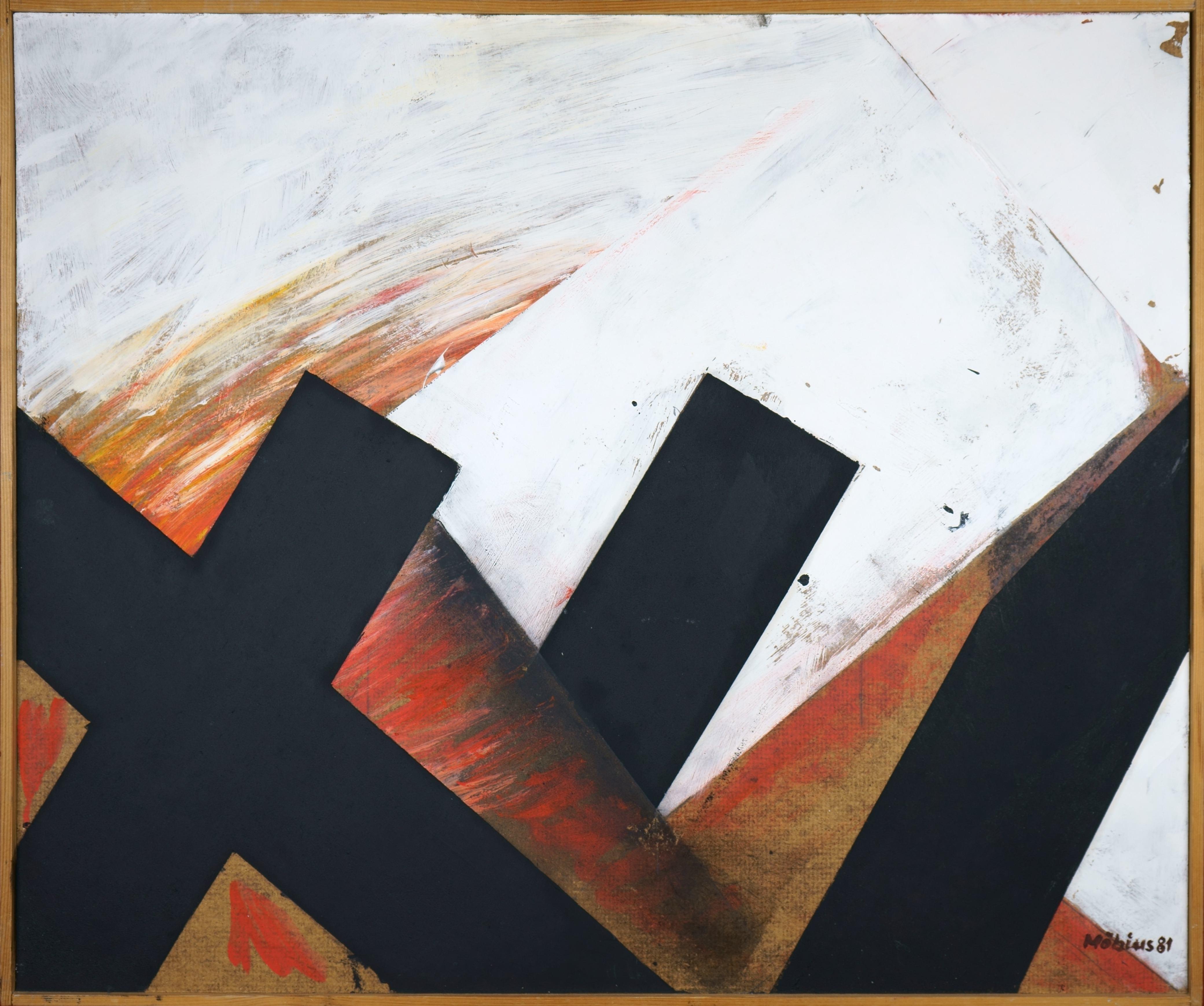 Jürgen Möbius Abstract Painting – Schwarze Formoberflächen auf rotem malerischem Grund / - Die doppelte Ursprünge der Malerei