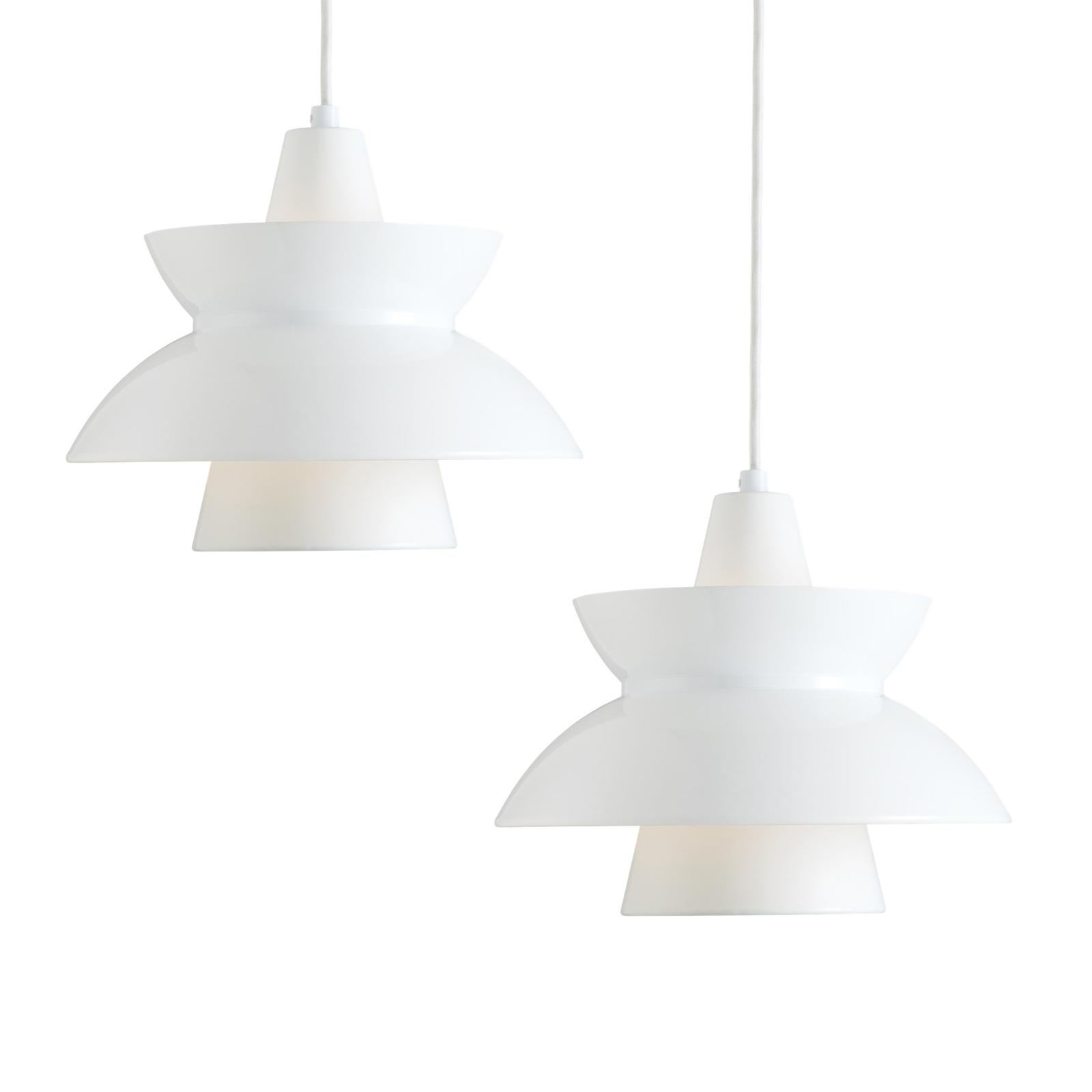Jørn Utzon 'Doo-Wop' pendant for Louis Poulsen in white. Designed in the 1950s and re-editioned in 2016. Available in both white and dark gray. 

Price is per item. 

Originally introduced in the 1950s, the Doo-Wop pendant light was designed in