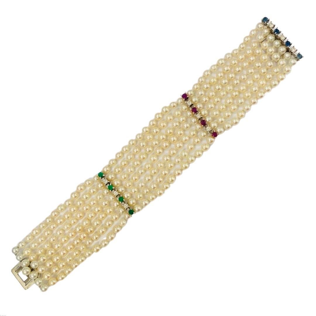 JROCA Retro 7-Row Pearls, Diamonds, Emeralds, Sapphires & Rubys Bracelet 18k For Sale 6