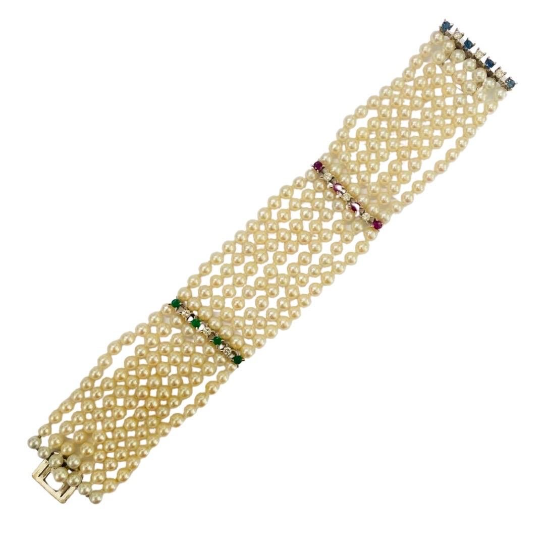 JROCA Retro 7-Row Pearls, Diamonds, Emeralds, Sapphires & Rubys Bracelet 18k For Sale 7