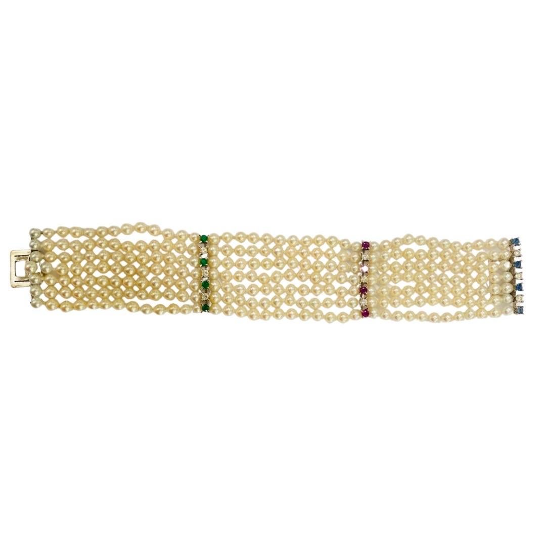 JROCA Retro 7-Row Pearls, Diamonds, Emeralds, Sapphires & Rubys Bracelet 18k For Sale 8