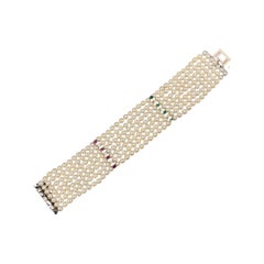 JROCA Retro 7-Row Pearls, Diamonds, Emeralds, Sapphires & Rubys Bracelet 18k