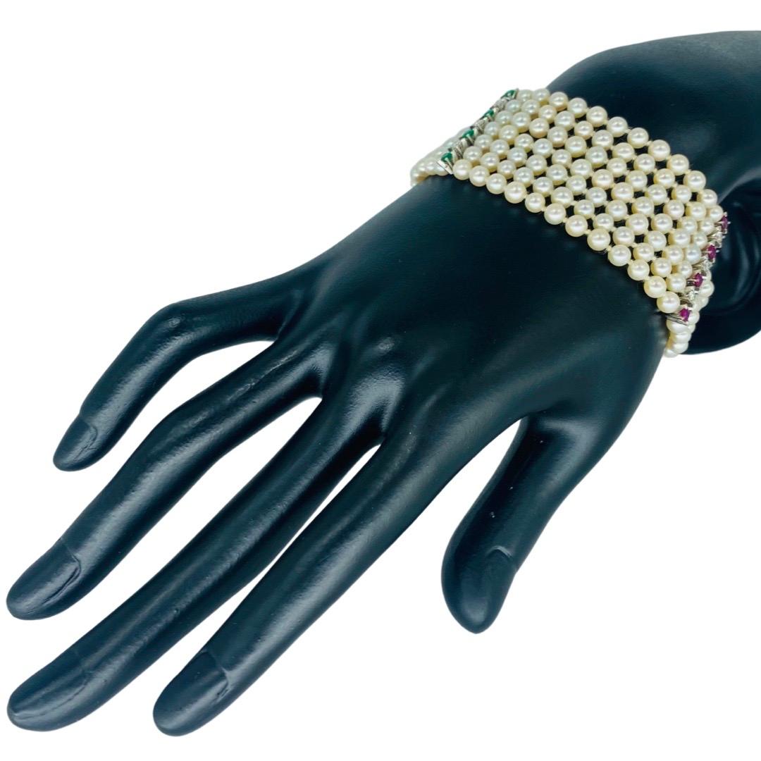 Round Cut JROCA Retro 7-Row Pearls, Diamonds, Emeralds, Sapphires & Rubys Bracelet 18k For Sale