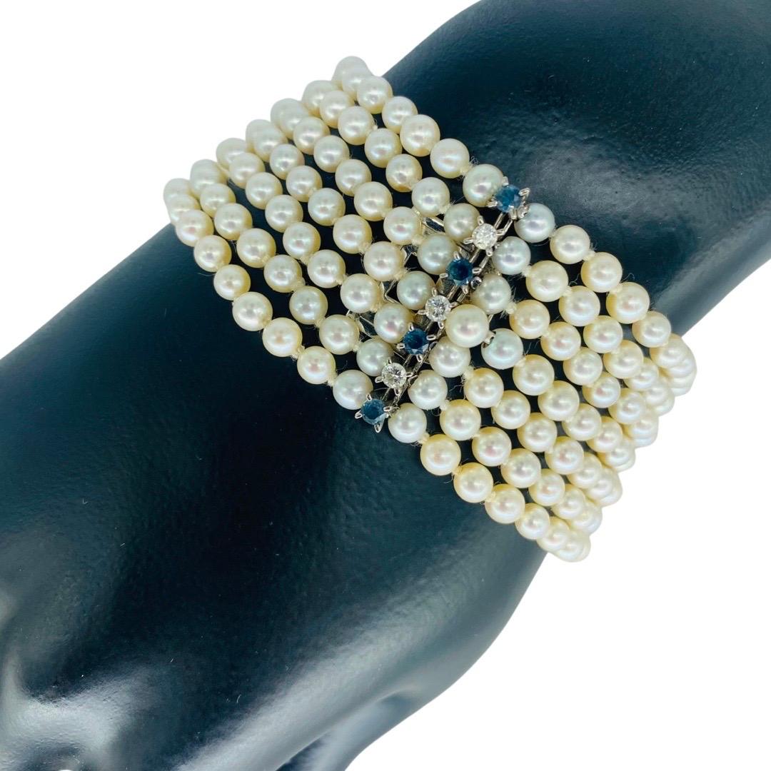JROCA Retro 7-Row Pearls, Diamonds, Emeralds, Sapphires & Rubys Bracelet 18k In Excellent Condition For Sale In Miami, FL