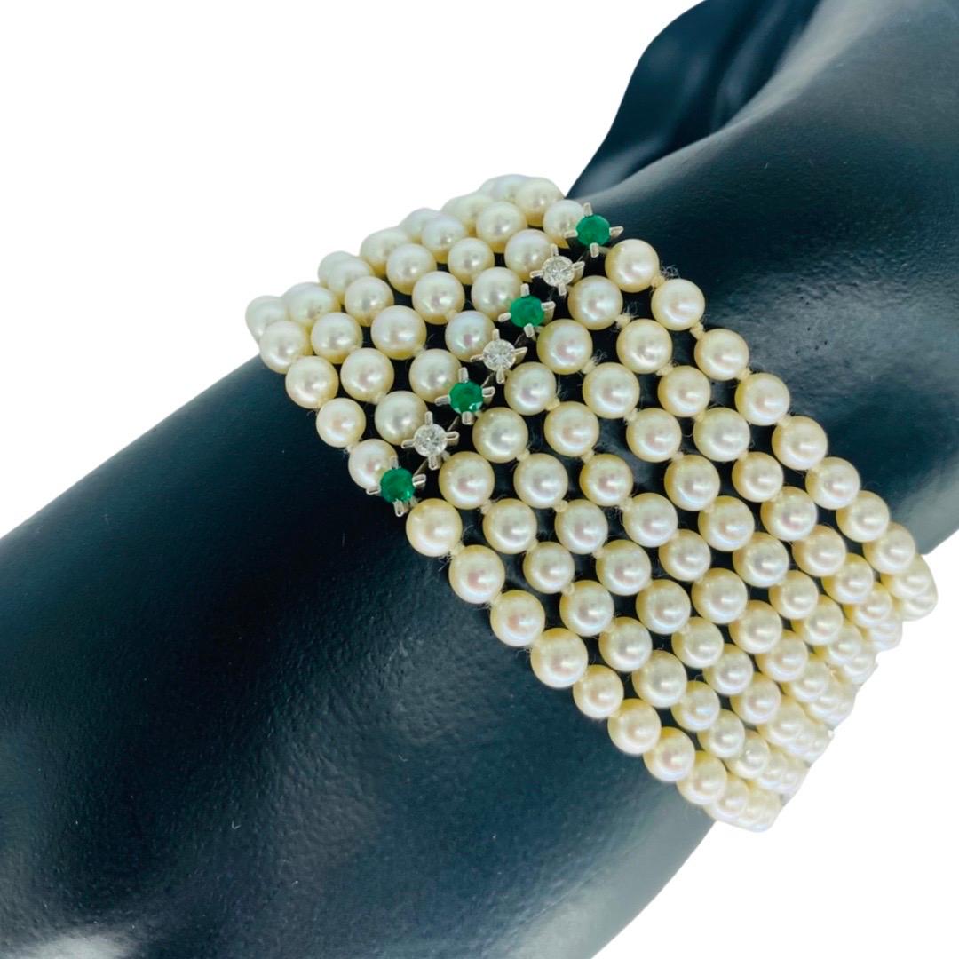 JROCA Retro 7-reihiges Armband mit Perlen, Diamanten, Smaragden, Saphiren und Rubinen 18k für Damen oder Herren im Angebot