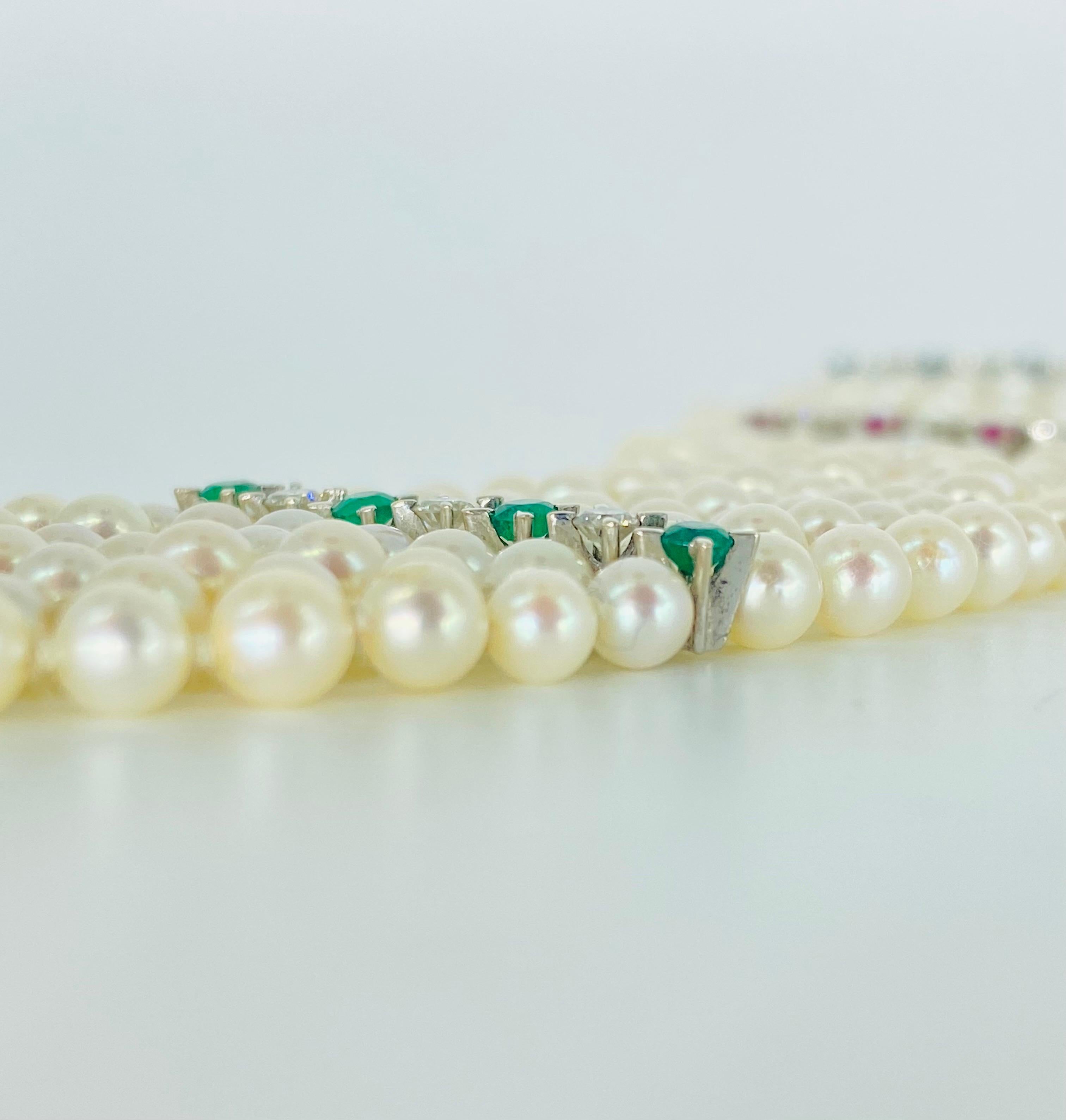 JROCA Retro 7-Row Pearls, Diamonds, Emeralds, Sapphires & Rubys Bracelet 18k For Sale 3