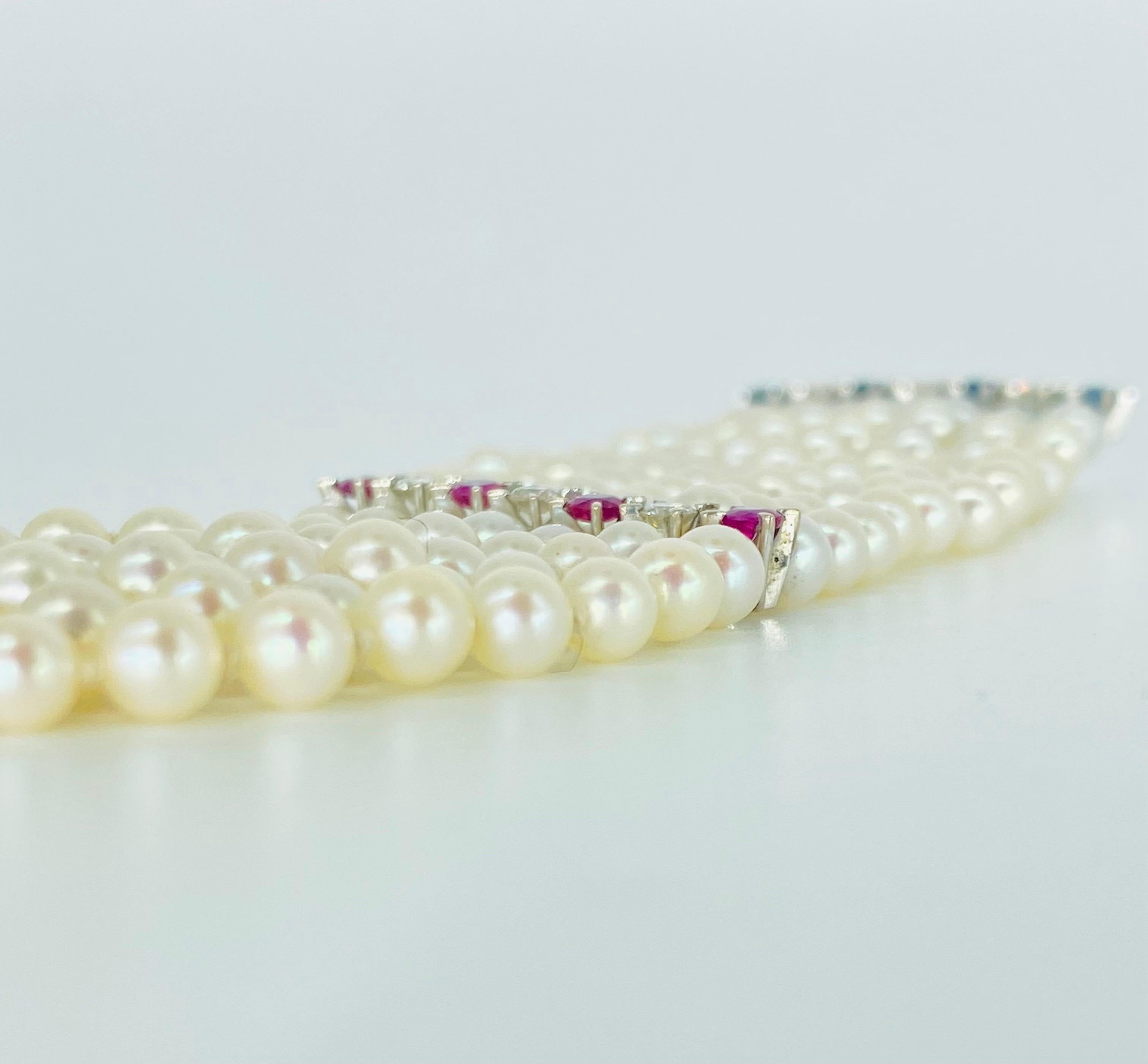JROCA Retro 7-reihiges Armband mit Perlen, Diamanten, Smaragden, Saphiren und Rubinen 18k im Angebot 4