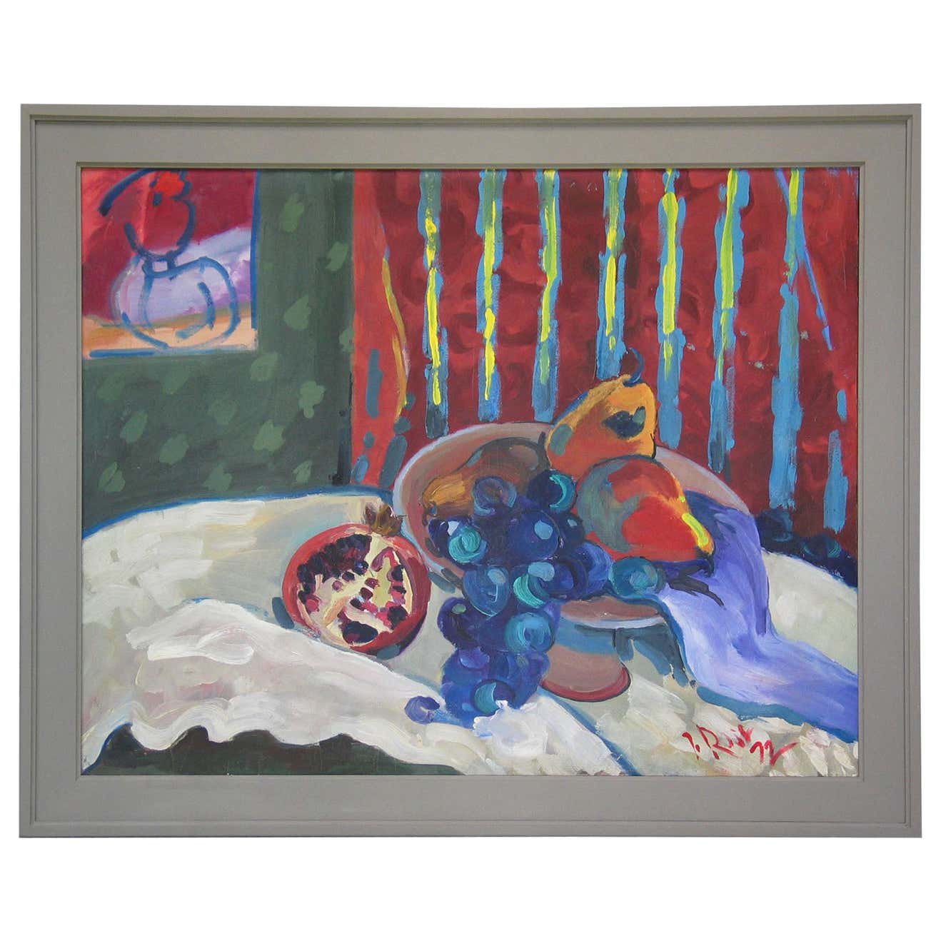 J. Ross American Oil on Canvas Painting Still Life with Fruits For Sale ...