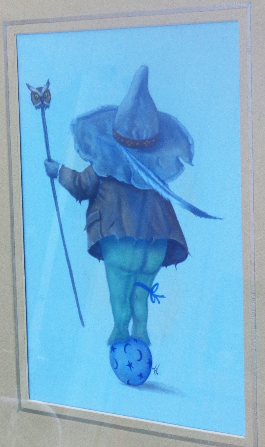 Tolkienesque fantasy water color painting on paper of young wizard holding an owl head staff standing on a globe w/ stars and moons  Artist signed W.  Circa 1950-1960. Look at all pictures and read condition report in comment section.
