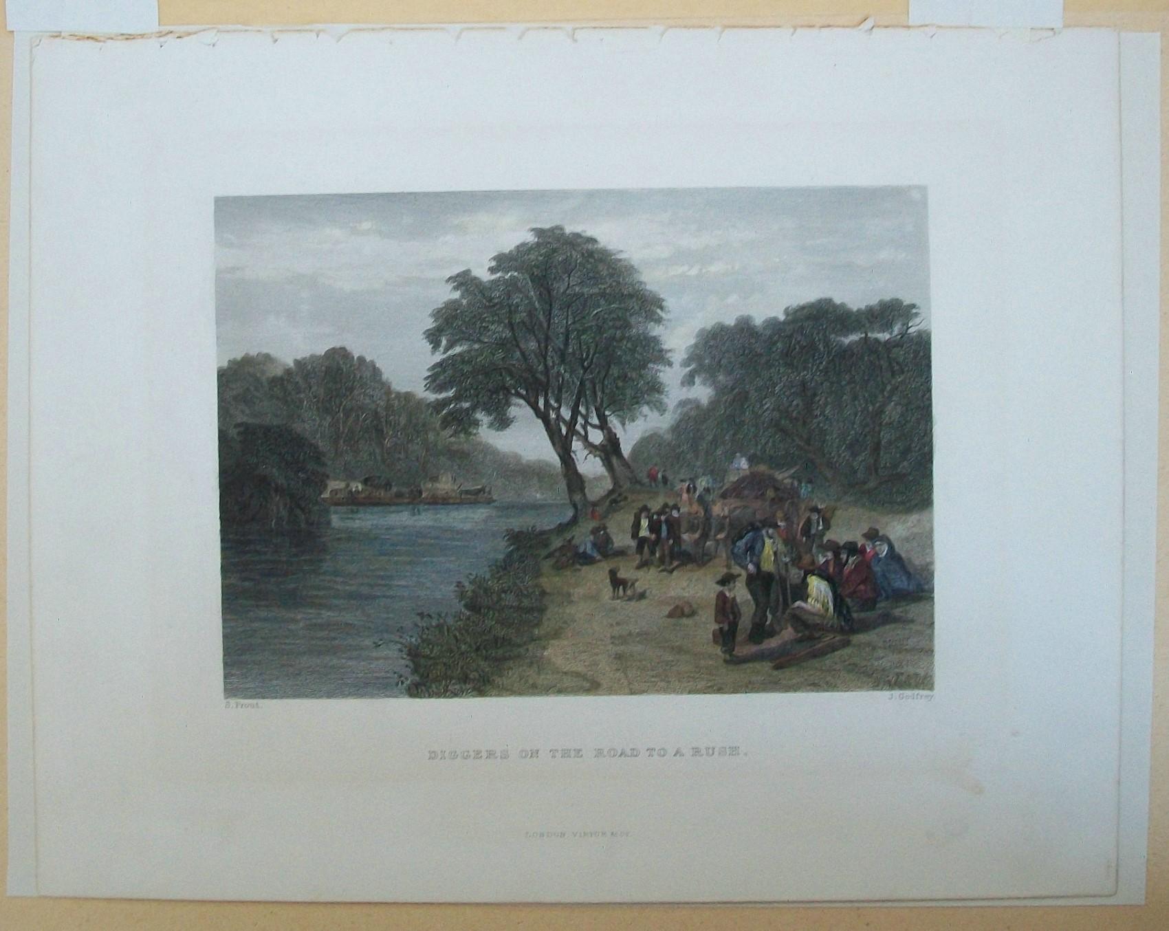 JOHN SKINNER PROUT (1805-1876) - 'Diggers on the Road to a Rush' - Antique steel plate engraving after a painting by J. S. Prout - from 'Australia' by Edwin Carton Booth - hand colored - engraved by John Godfrey - titled lower center - signed lower
