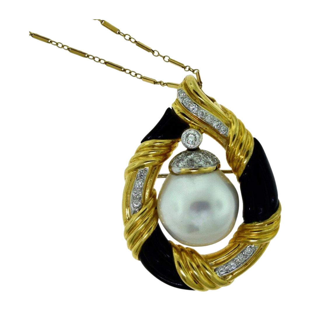 JS Signed Antique South Sea Pearl, Onyx, and Diamond Necklace/Pendant, Brooch For Sale