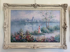 J. Snider Großes Ölgemälde Impressionistische Frau Garten See Landschaft Kunst