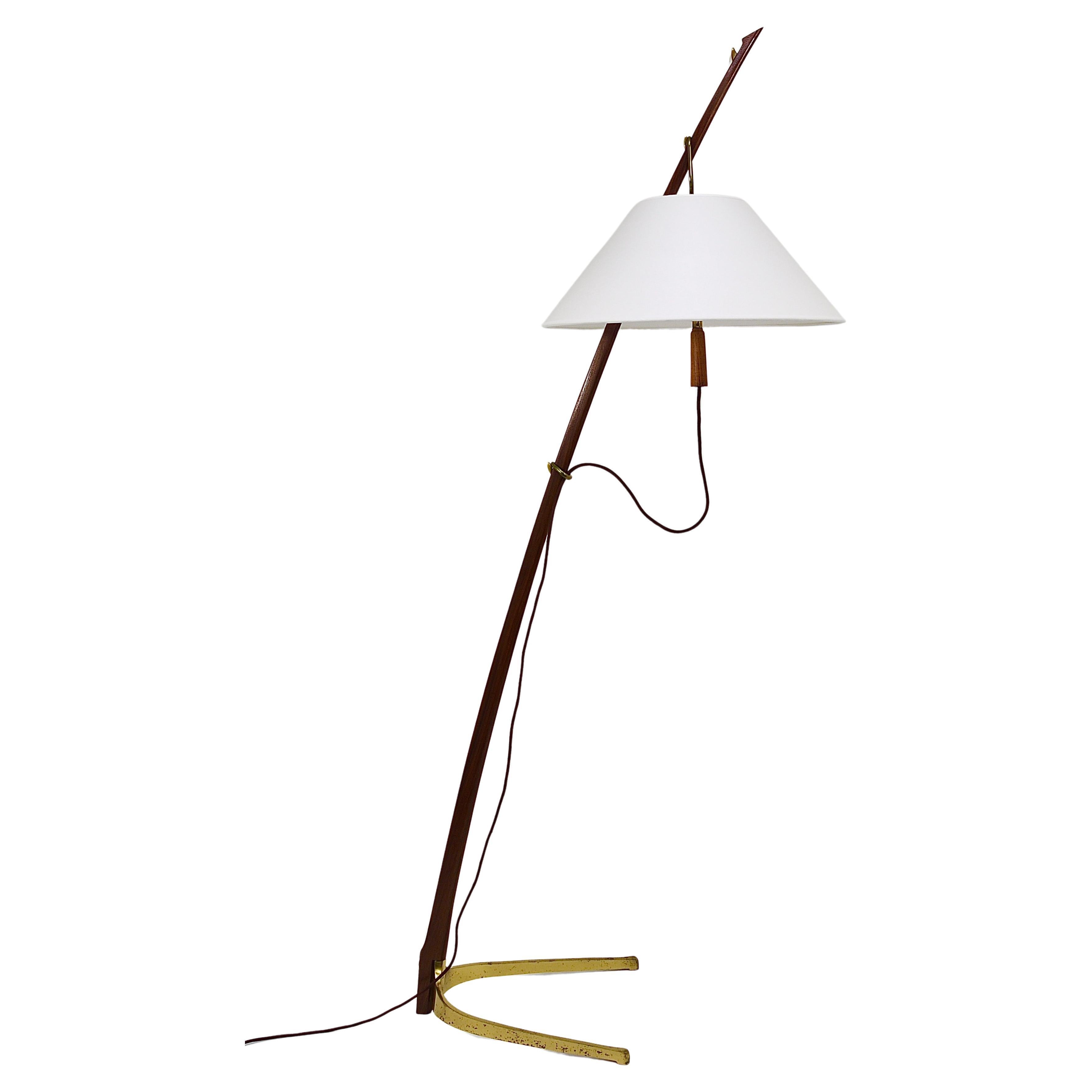 J.T. Kalmar 2x Dornstab Adjustable Floor Lamp, Brass, Walnut, Austria, 1950s