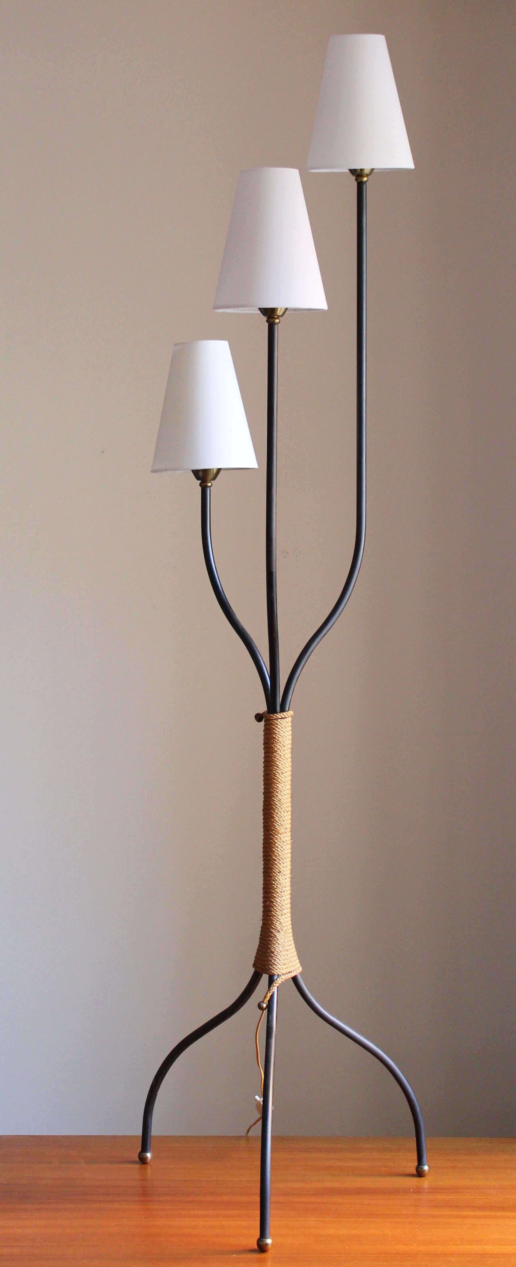 Mid-Century Modern J.T. Kalmar 'Attribution', Floor Lamp, Metal, Cord, Fabric, Brass, Austria 1950s