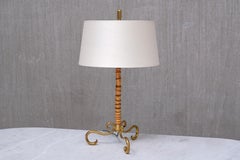 J.T. Kalmar Brass and Bamboo Table Lamp with Silk Shade, Austria, 1950s