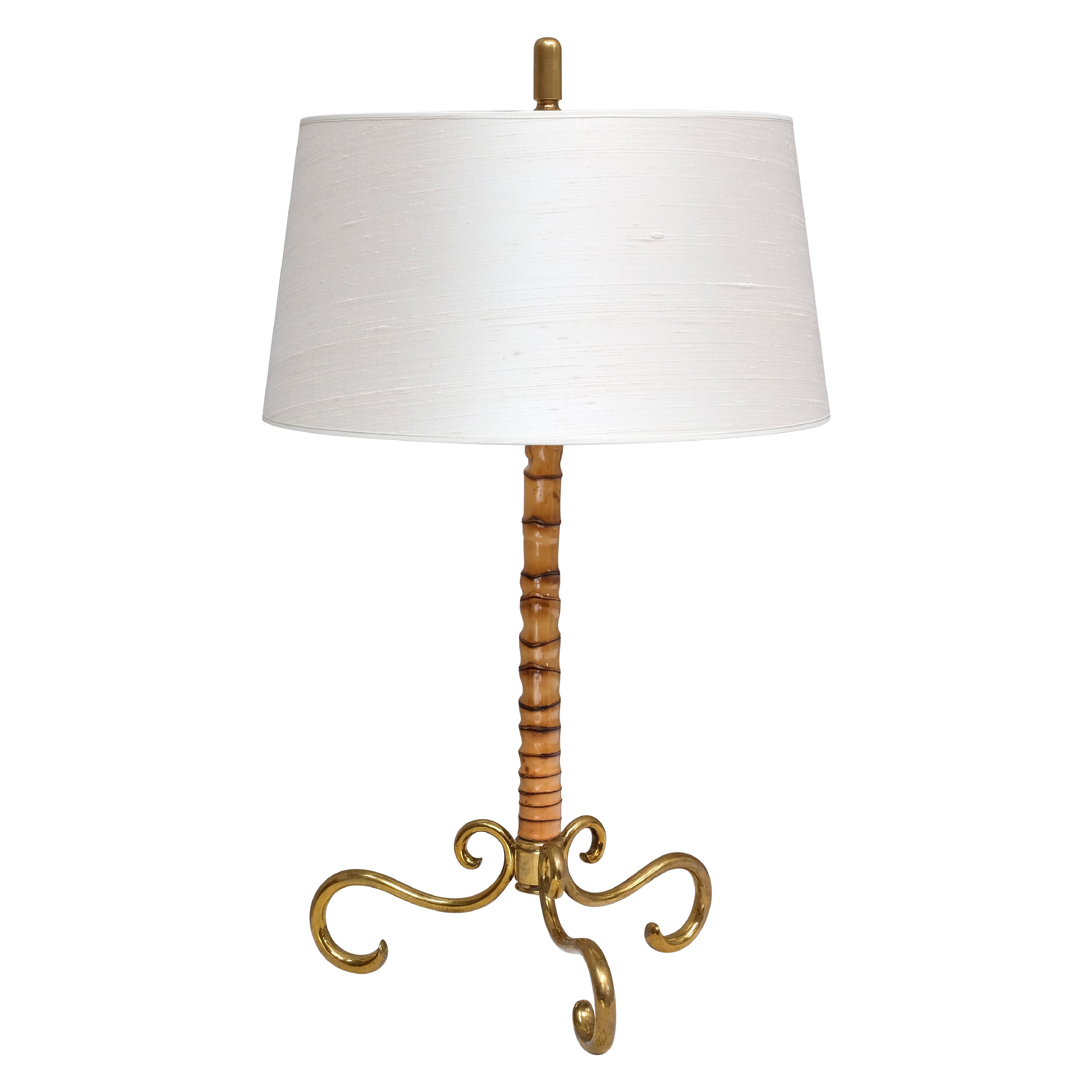 J.T. Kalmar Brass and Bamboo Table Lamp with Silk Shade, Austria, 1950s For Sale
