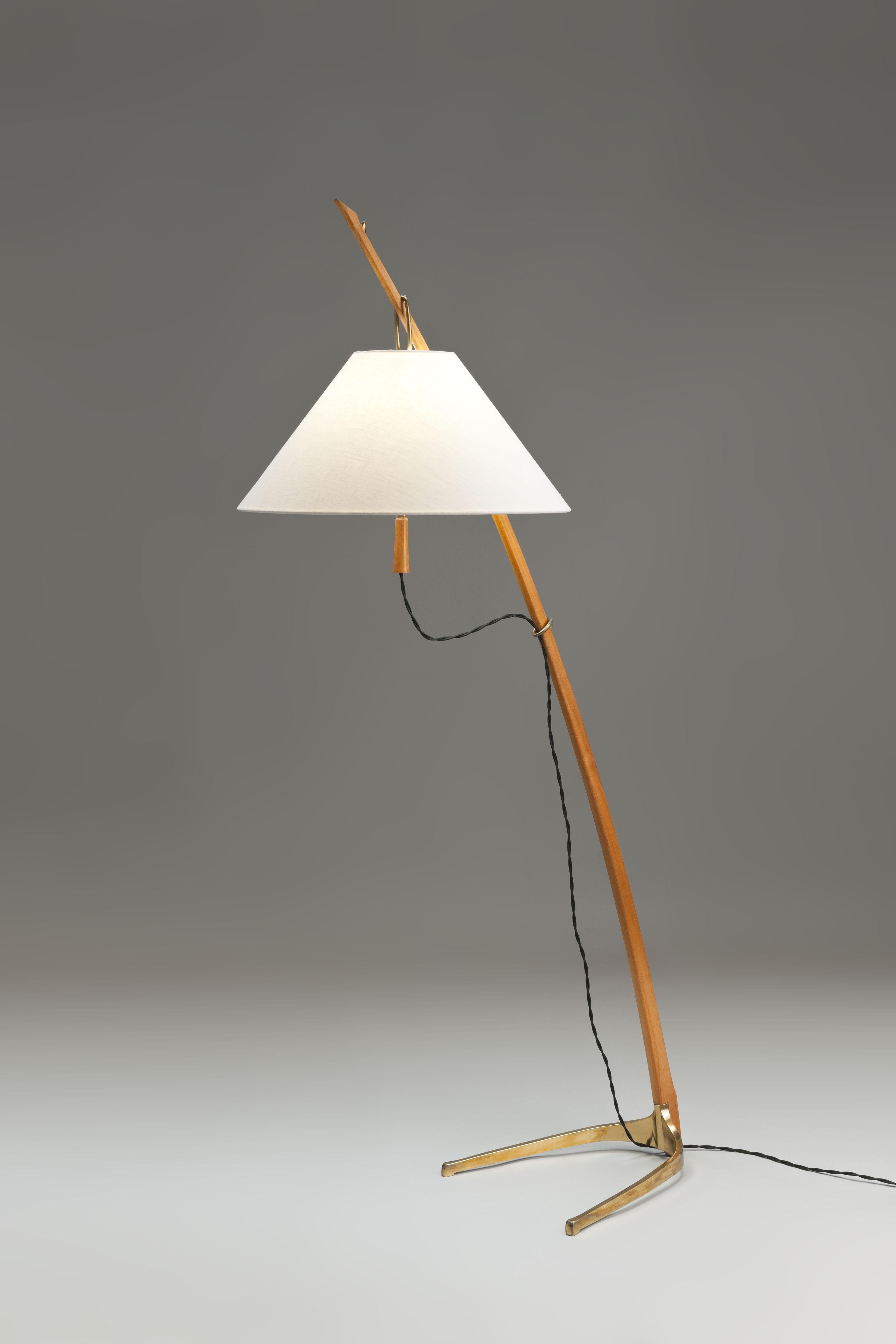 Austrian J.T. Kalmar Brass and Teak 'Dornstab' Floor Lamp