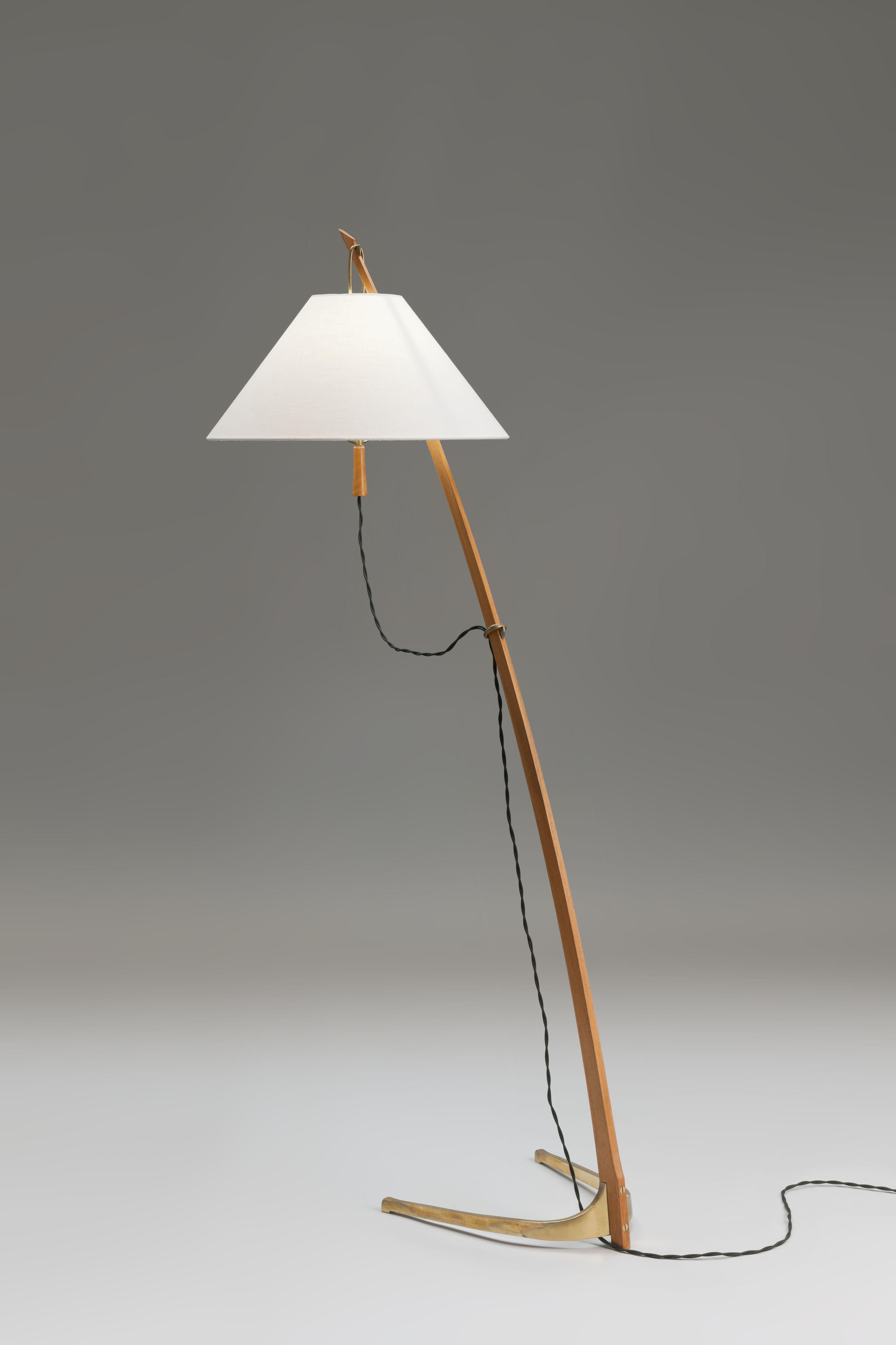Mid-20th Century J.T. Kalmar Brass and Teak 'Dornstab' Floor Lamp