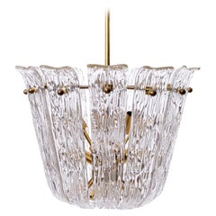 J.T. Kalmar Chandelier, Brass Curved Textured Glass, Mid-Century Modern, 1960