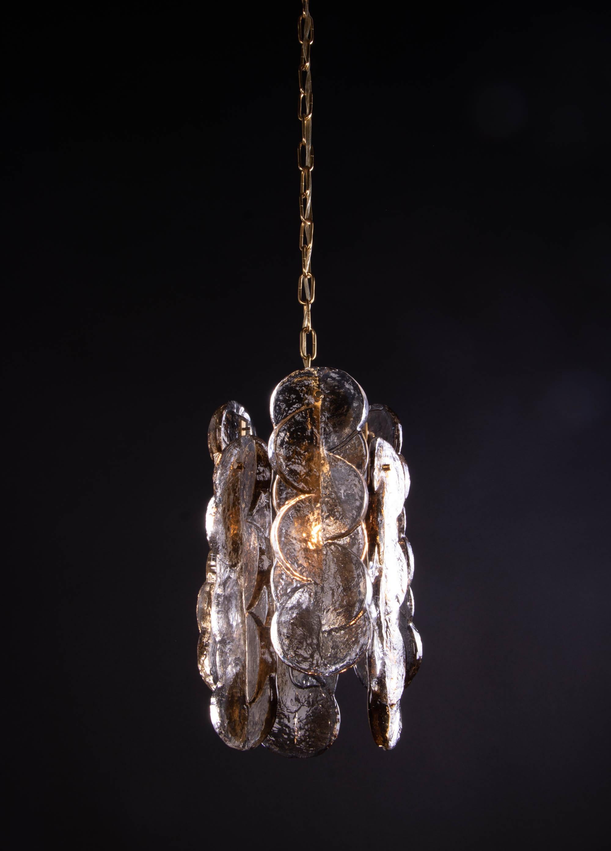 Mid-Century Modern 1960 Kalmar Swirl 'Citrus' Pendant Lamp Amber Murano Glass & Brass For Sale