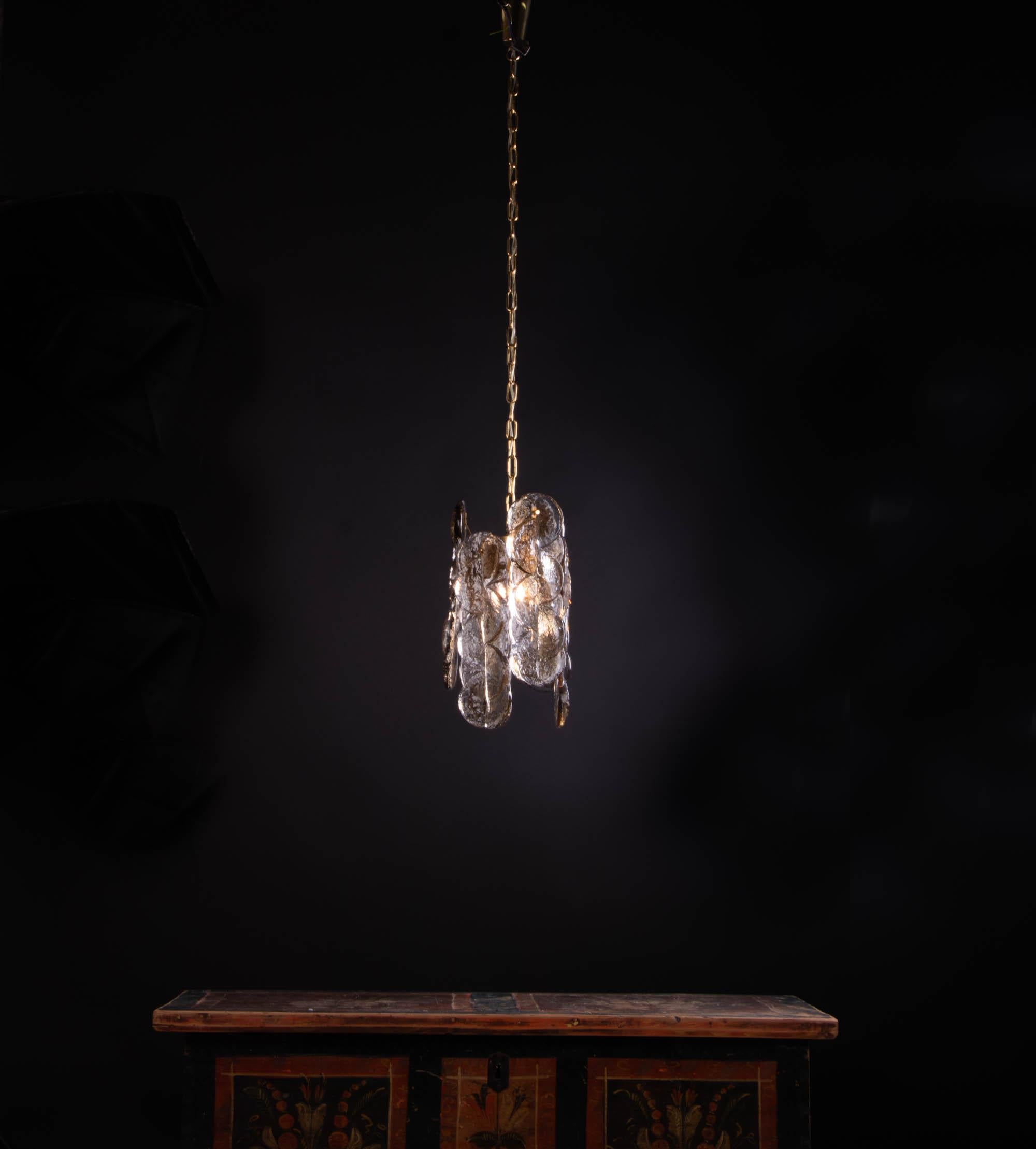 Austrian 1960 Kalmar Swirl 'Citrus' Pendant Lamp Amber Murano Glass & Brass For Sale